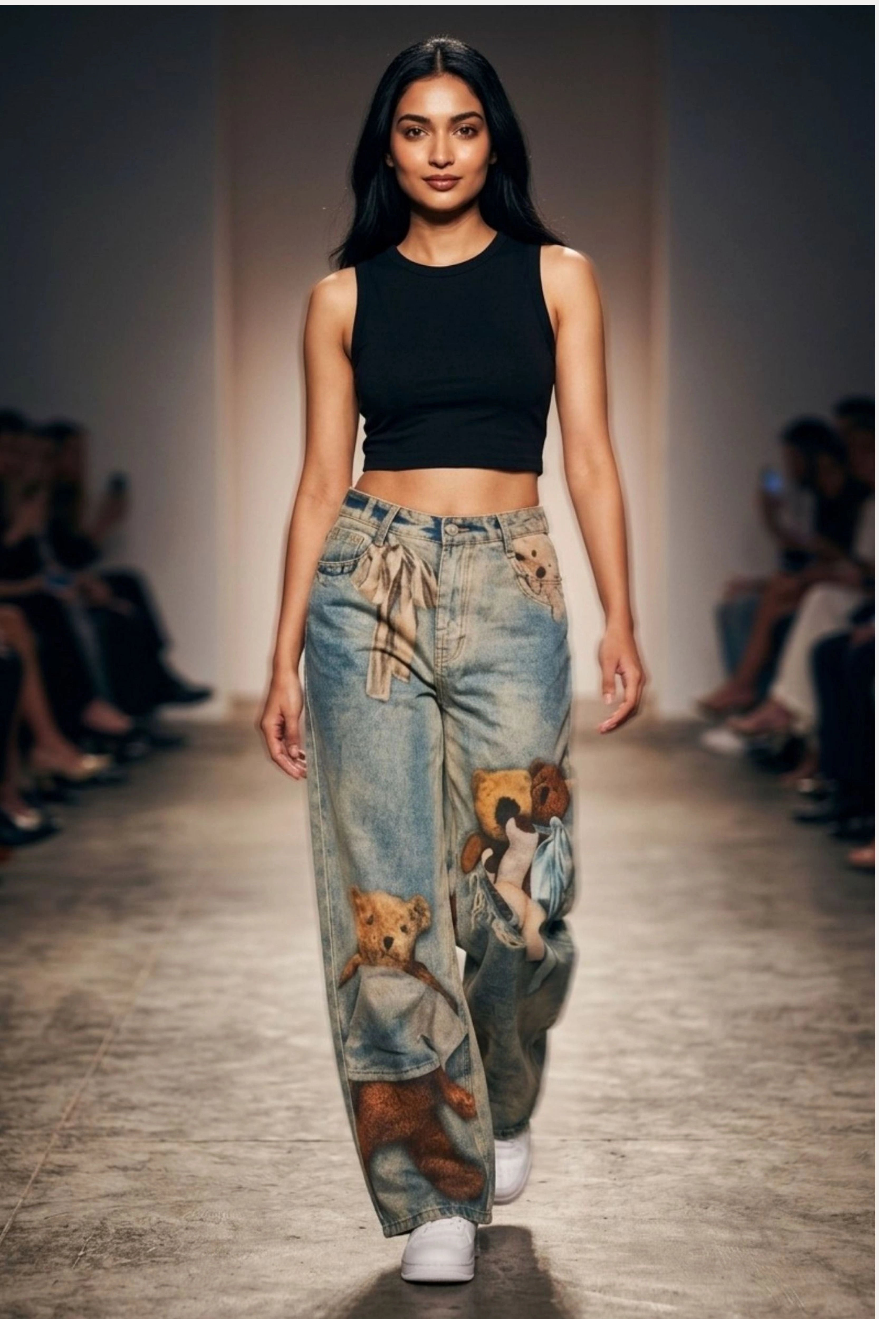 Blue Teddy Placement Print Baggy Jeans