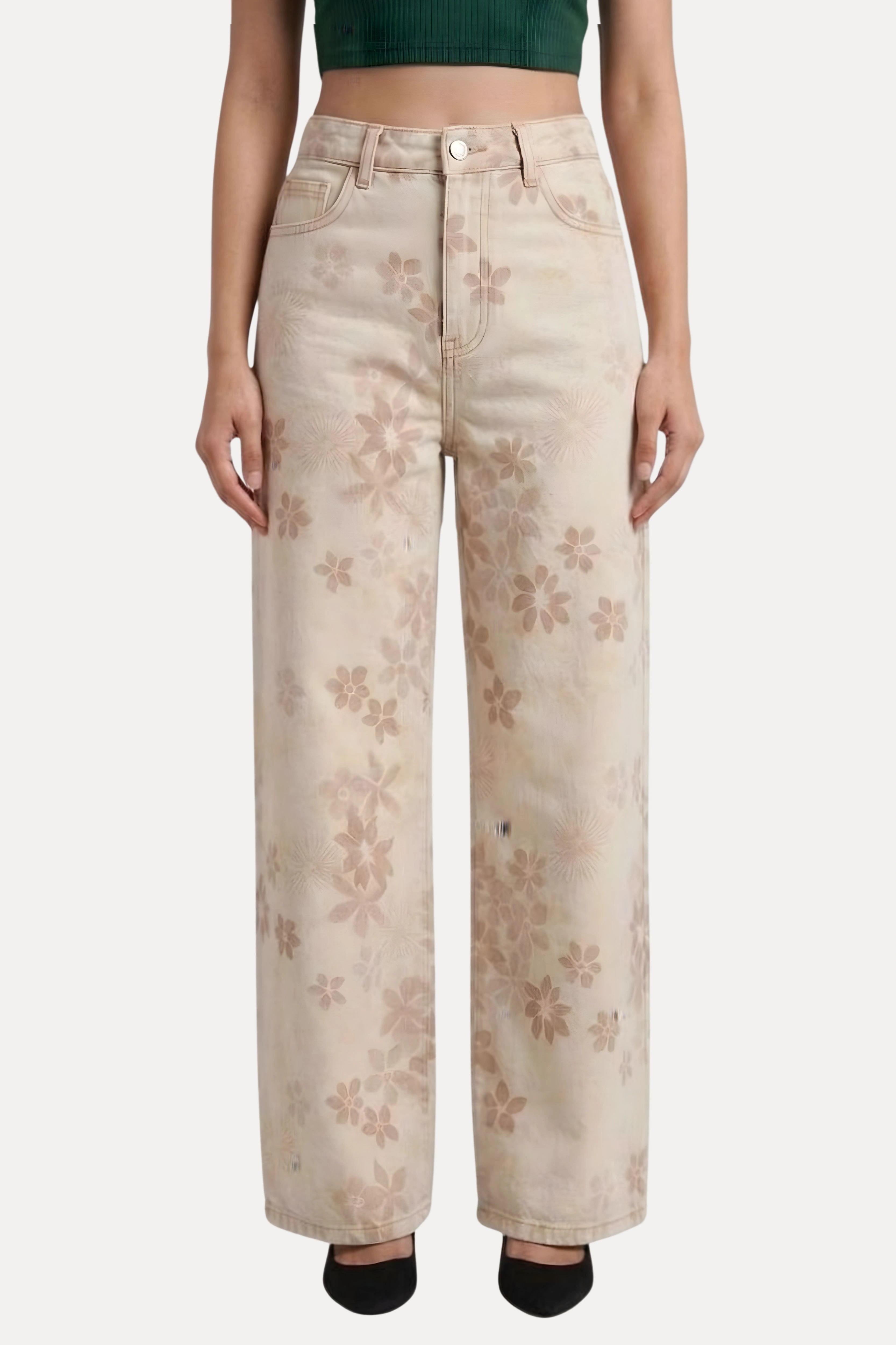 Beige Floral Printed Baggy Denim Jeans
