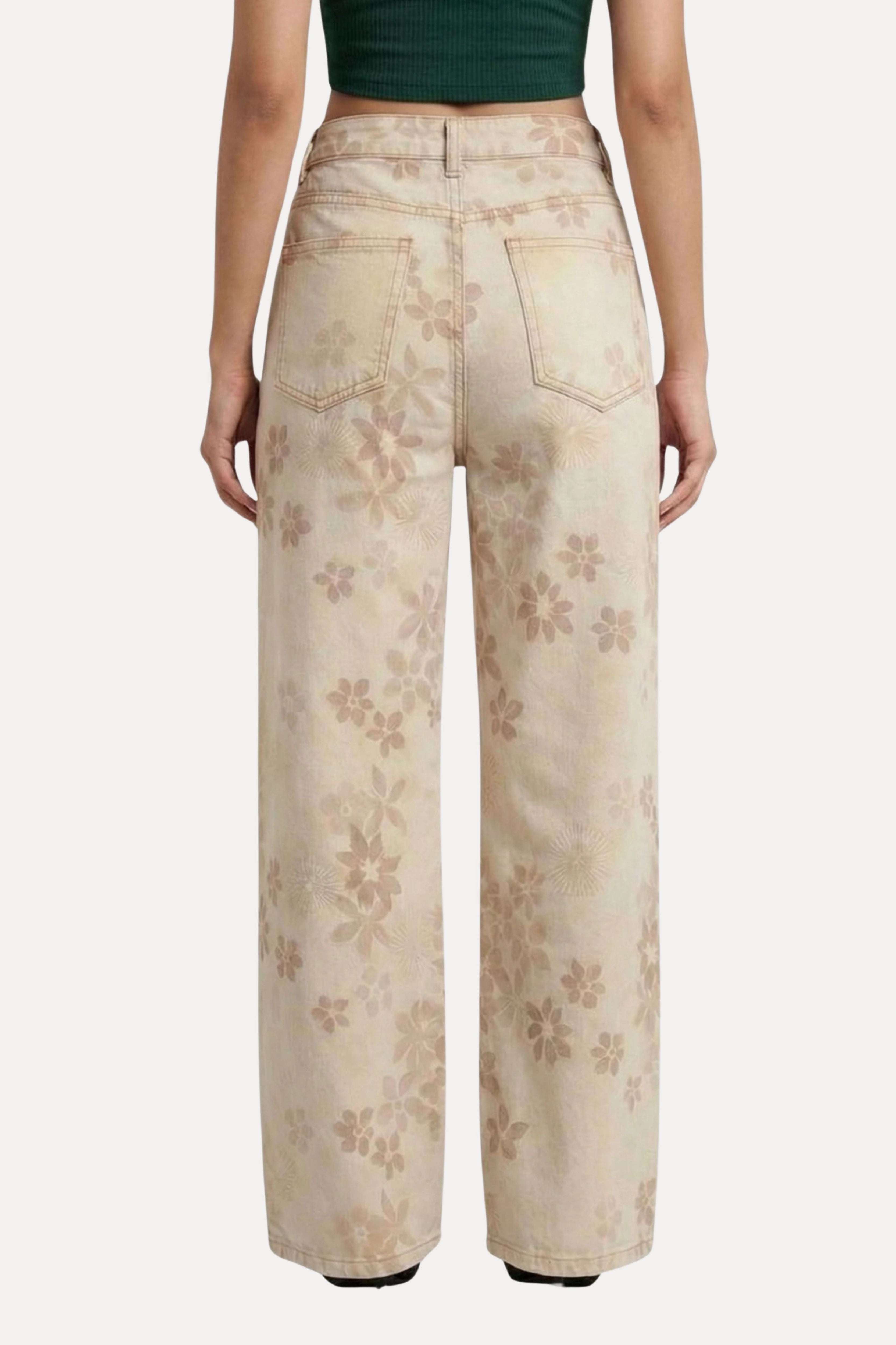 Beige Floral Printed Baggy Denim Jeans