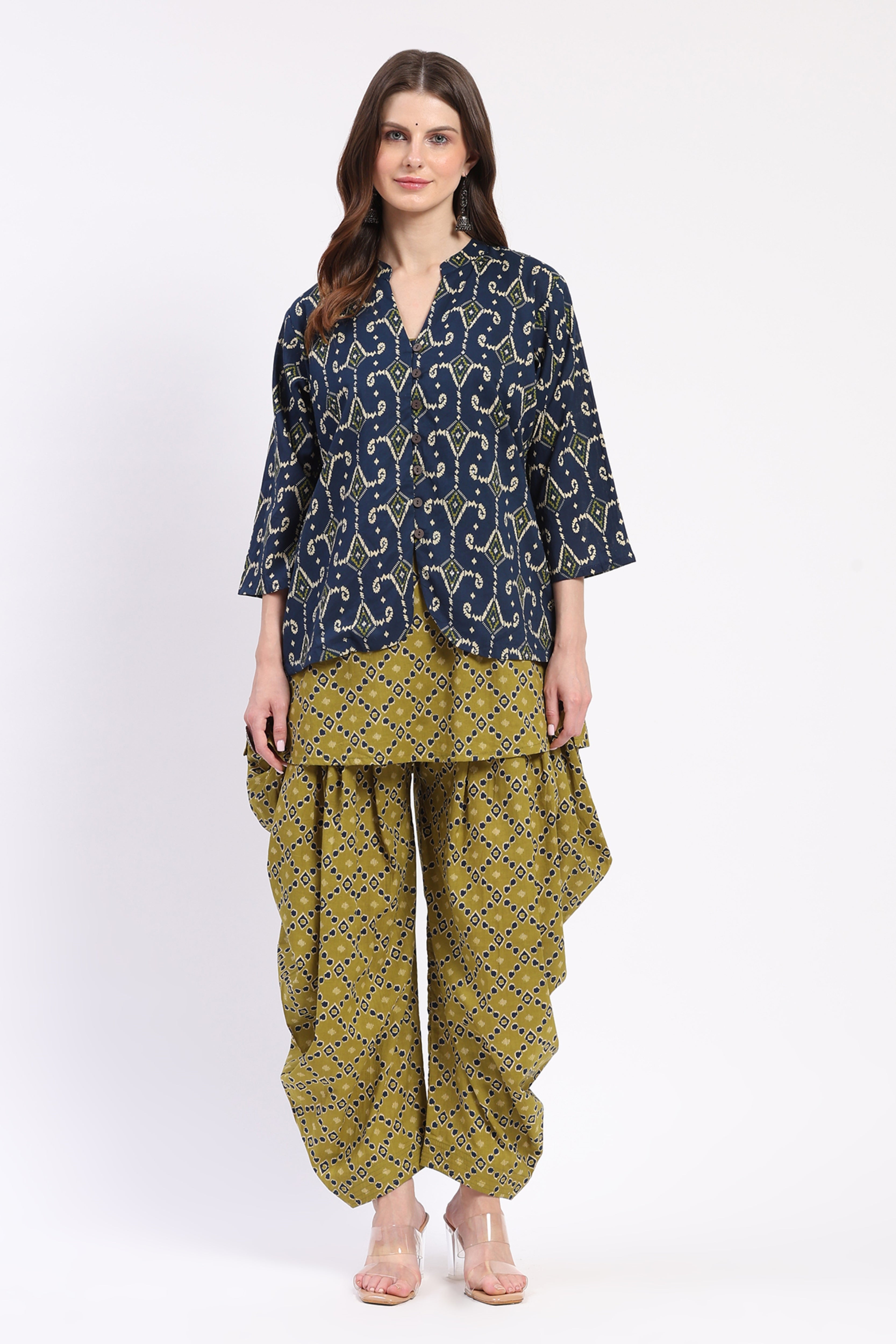 Olive & Blue Layered Tunic Dhoti Co-ord Set