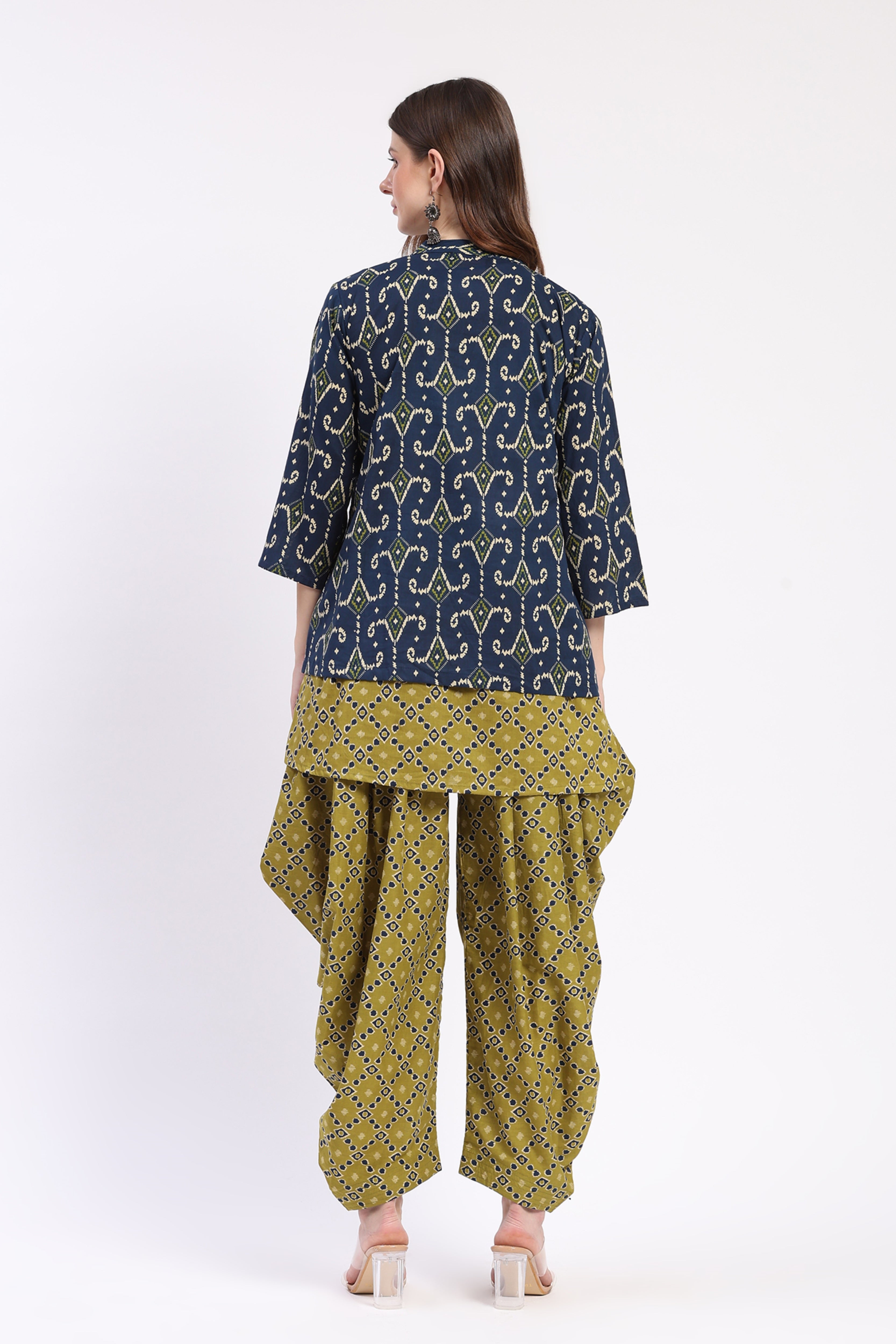 Olive & Blue Layered Tunic Dhoti Co-ord Set