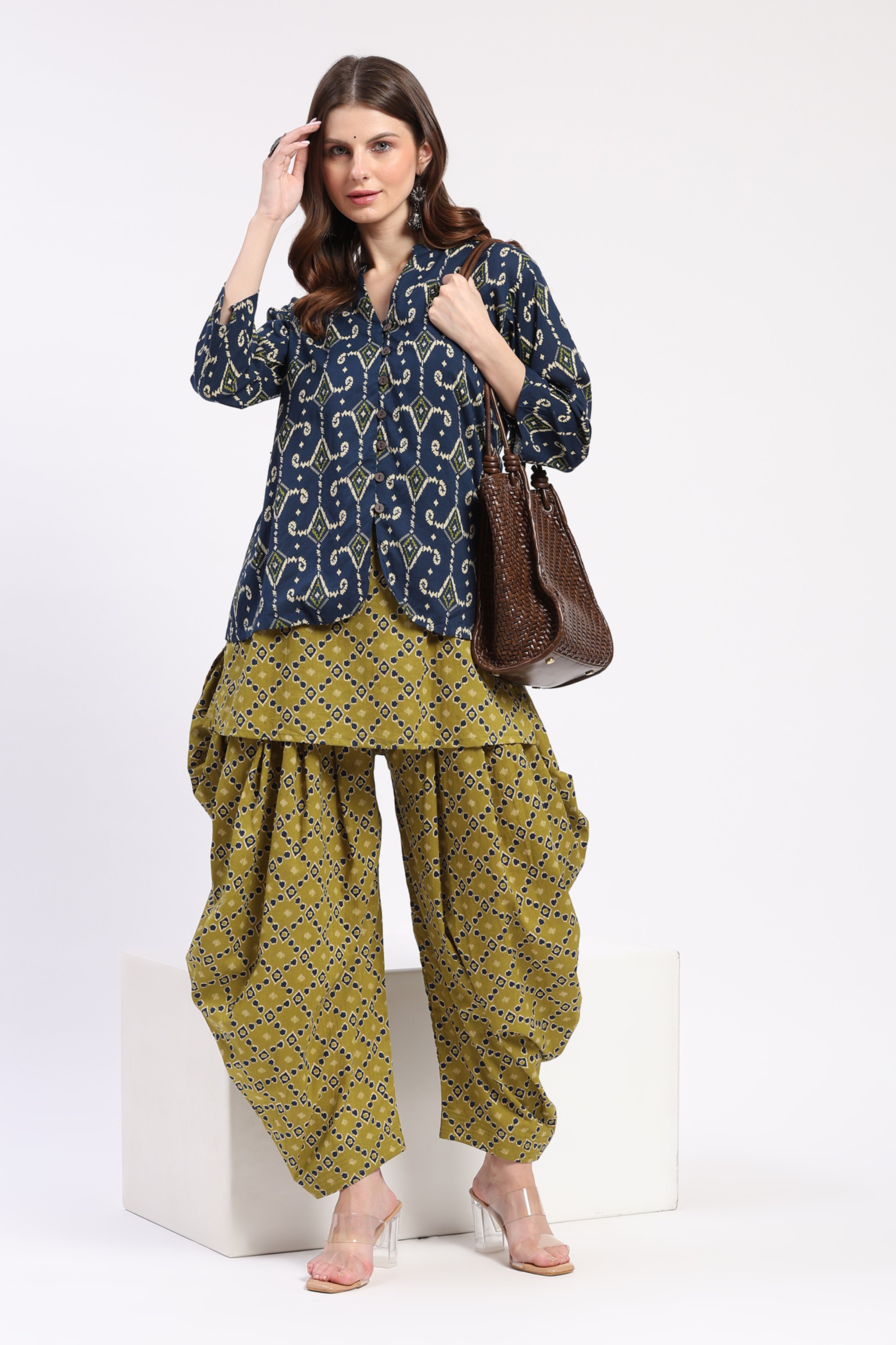 Olive & Blue Layered Tunic Dhoti Co-ord Set