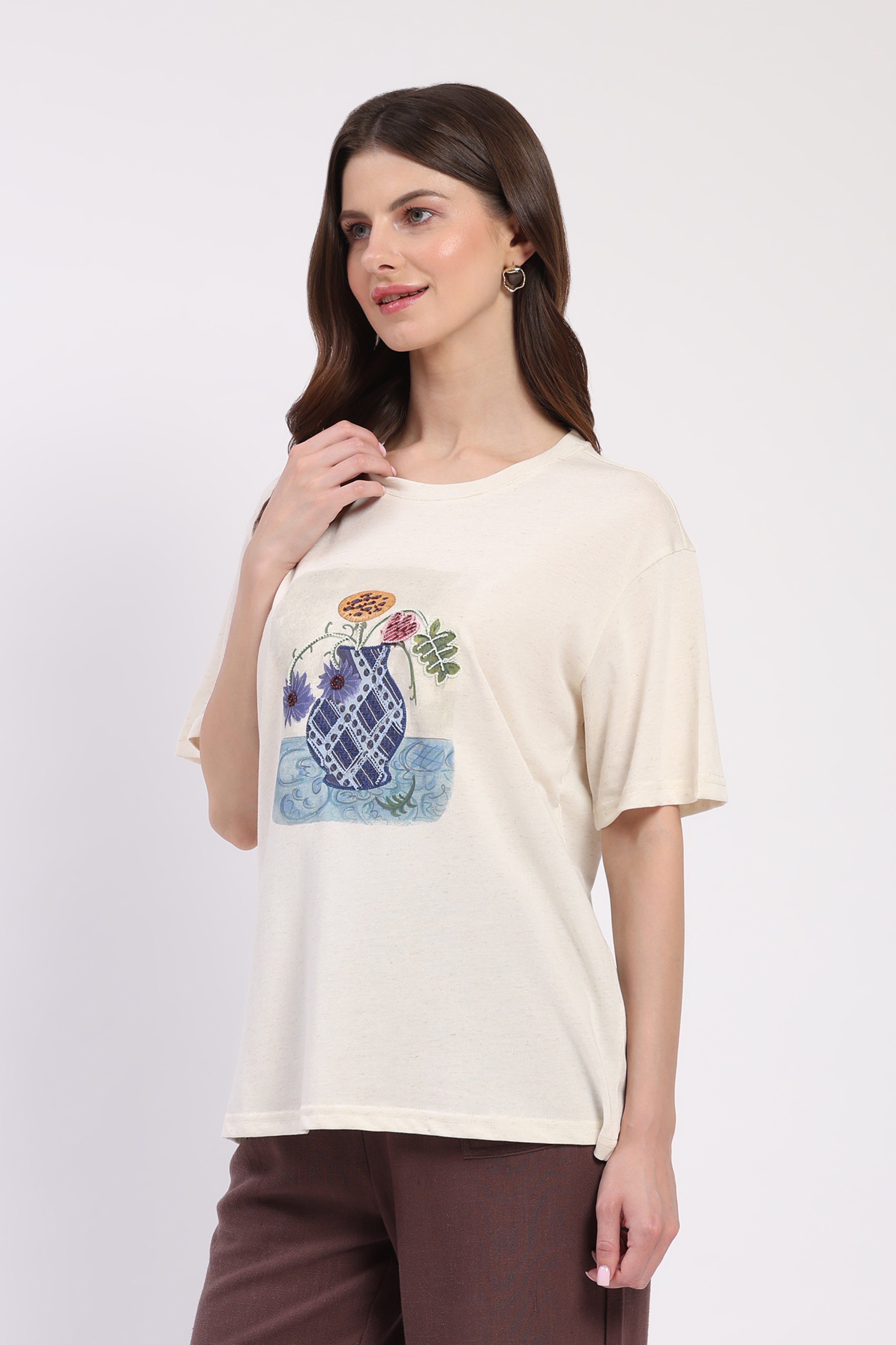 Cream Floral Vase Embroidered Top