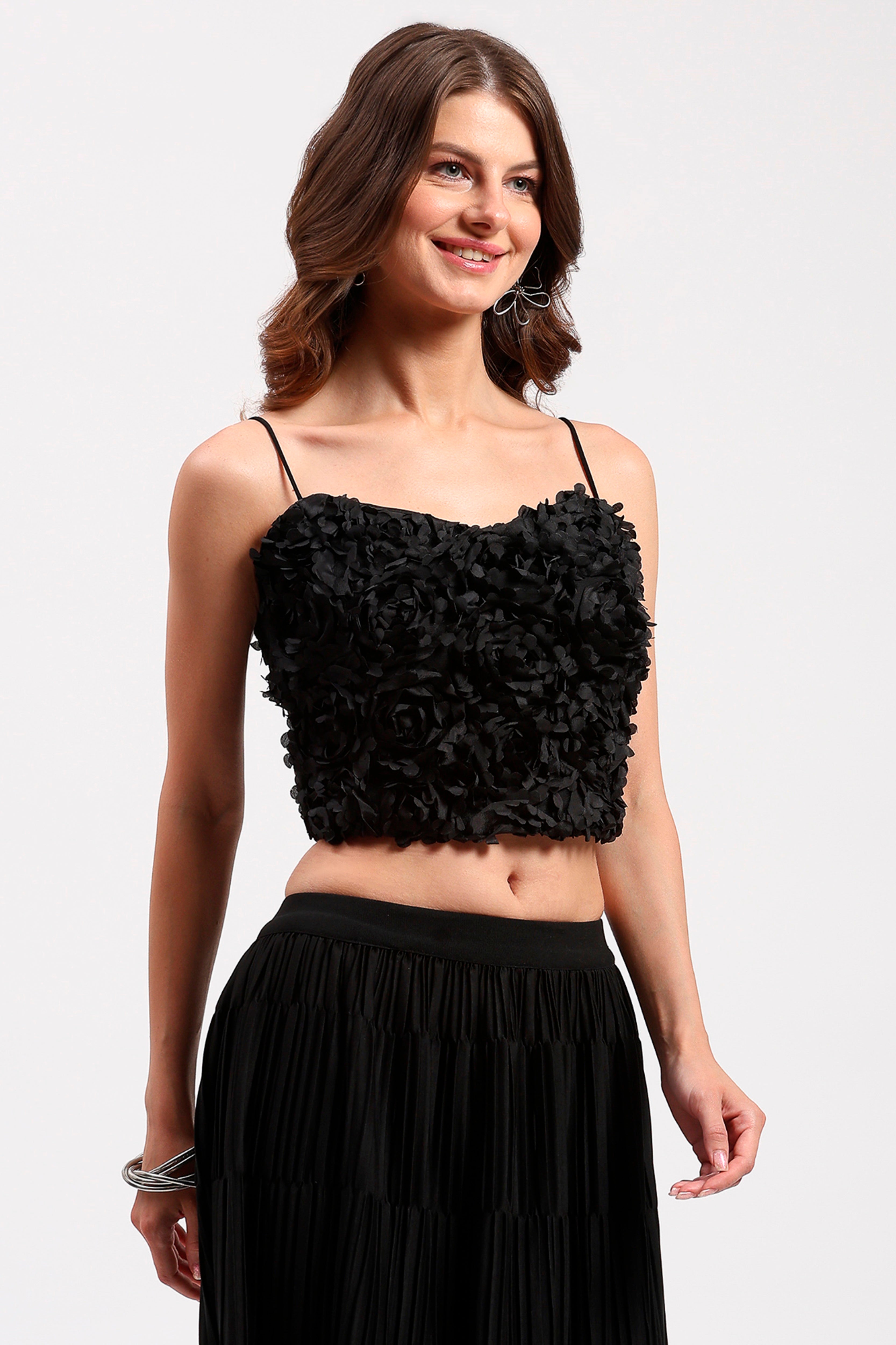 Black 3D Rose Embellished Party Top