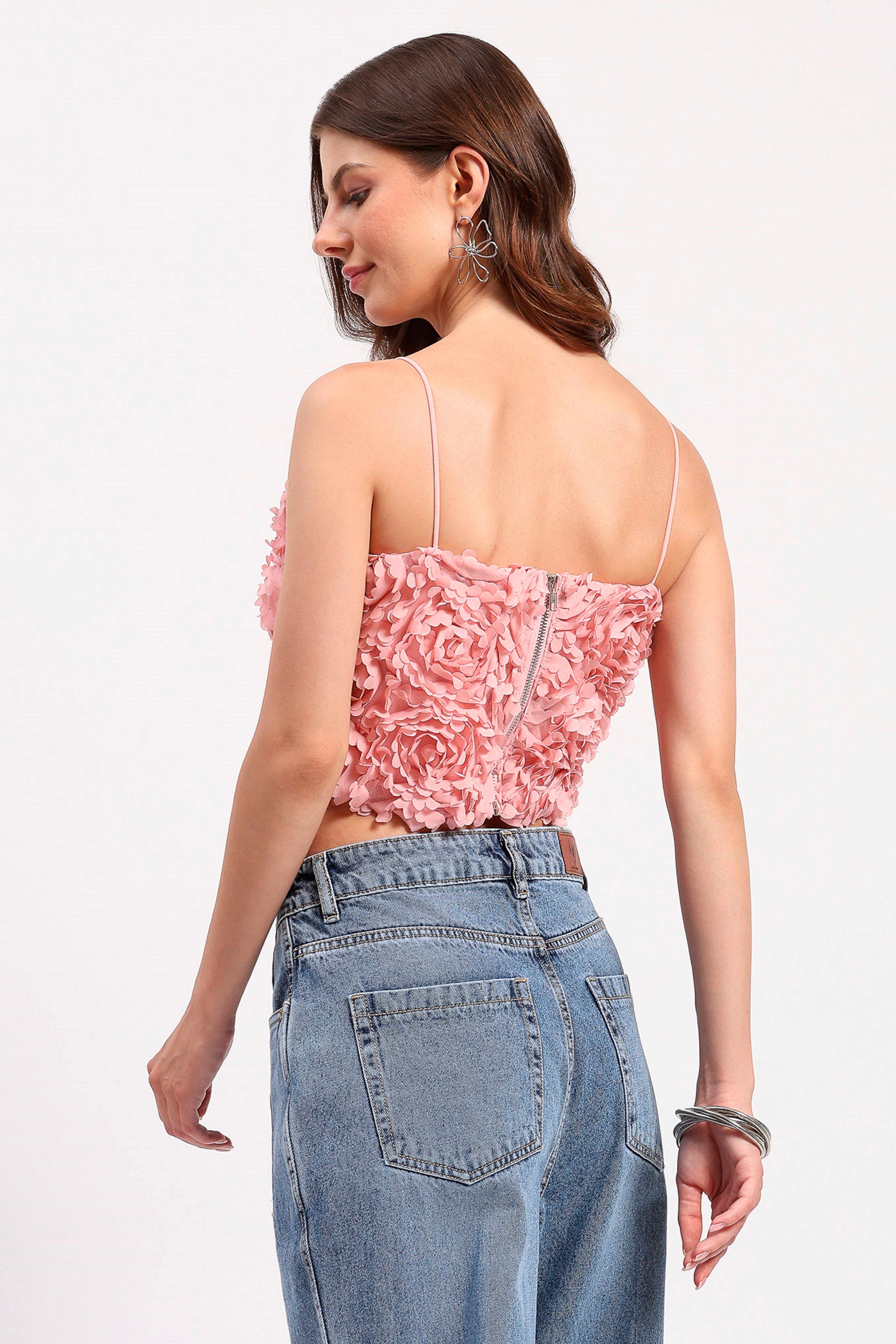 Pink 3D Floral Embellished Party Top