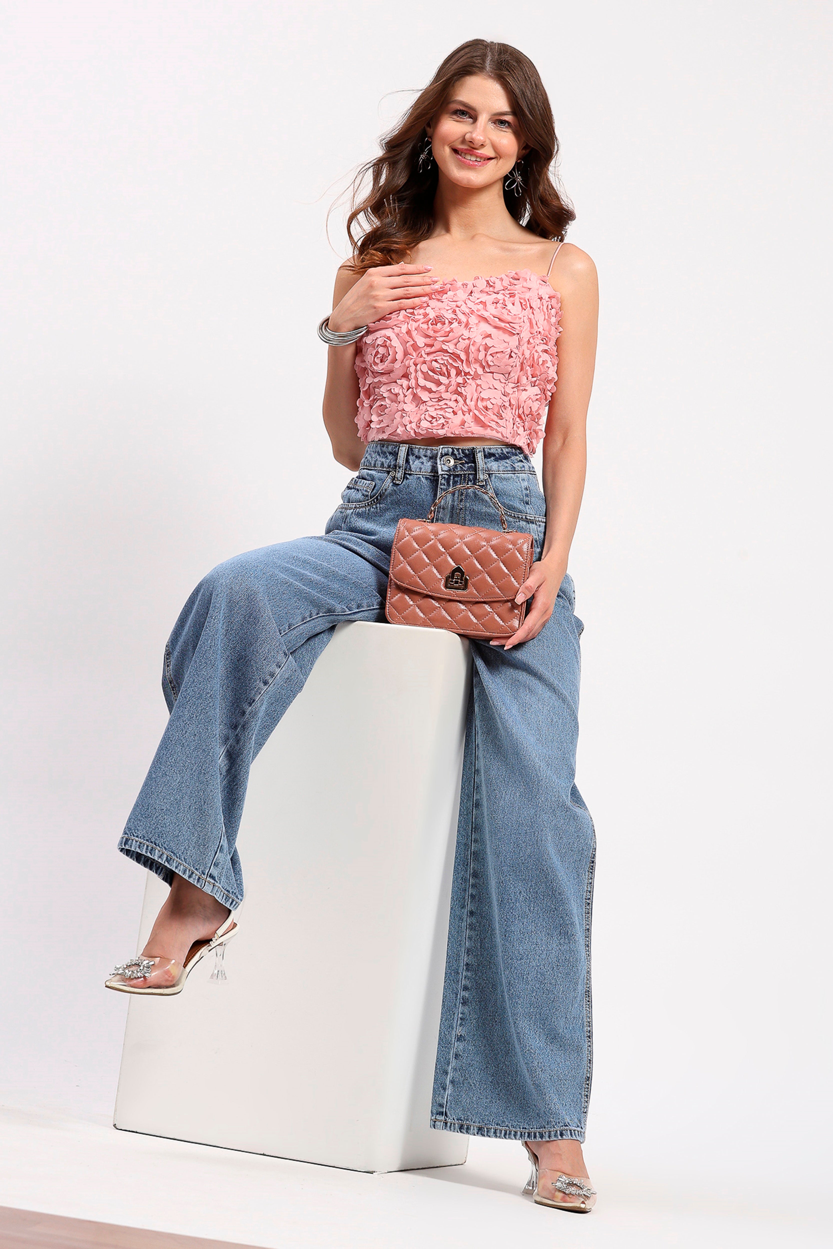 Pink 3D Floral Embellished Party Top