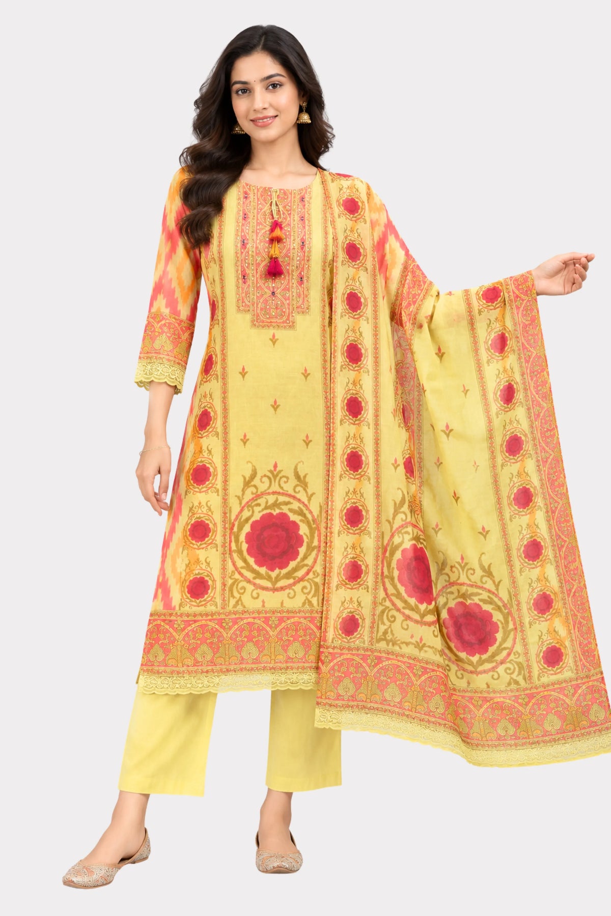 Beige Printed & Embellished Suit Set-Global Republic