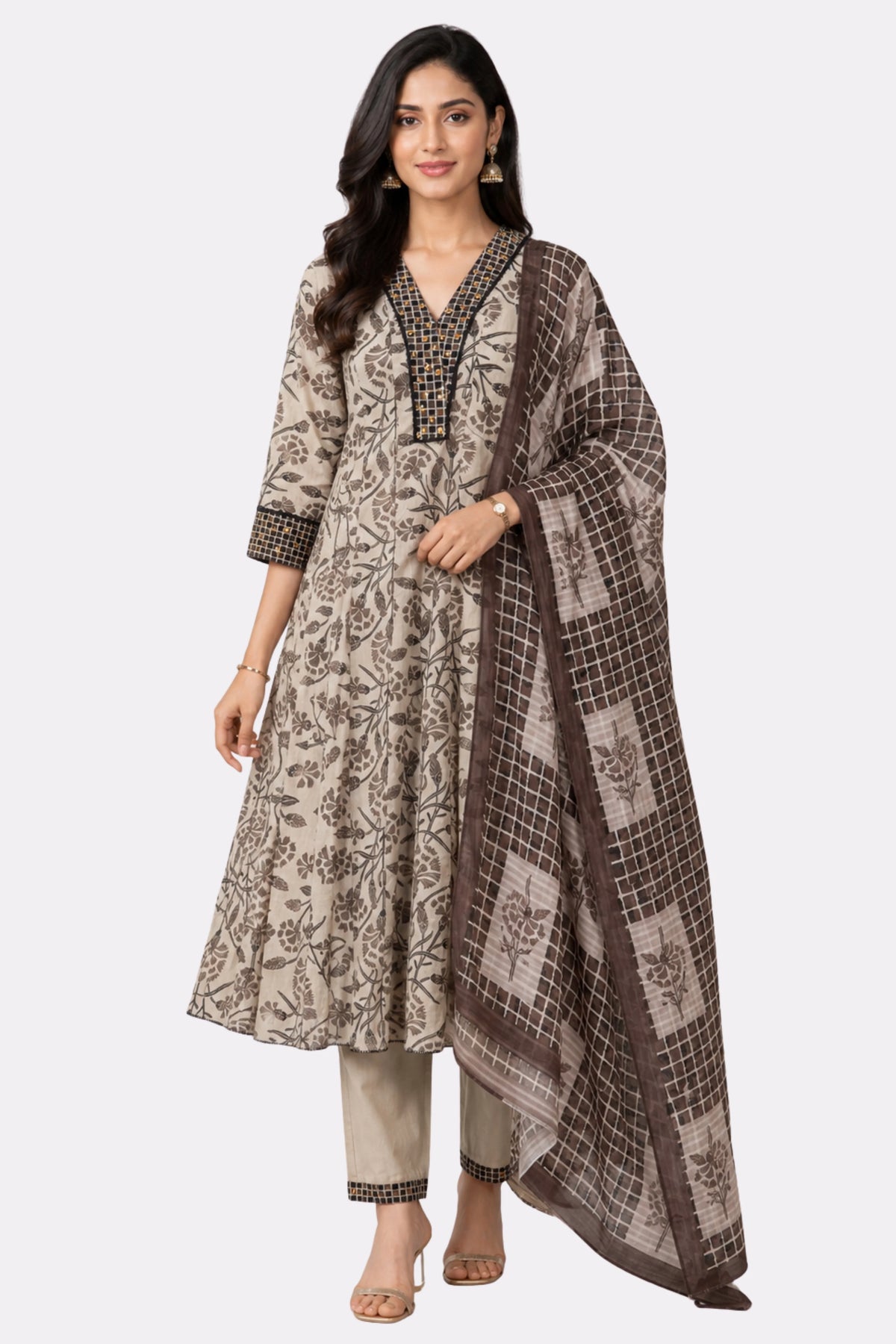 Floral Print Anarkali Cotton Suit Set-Global Republic