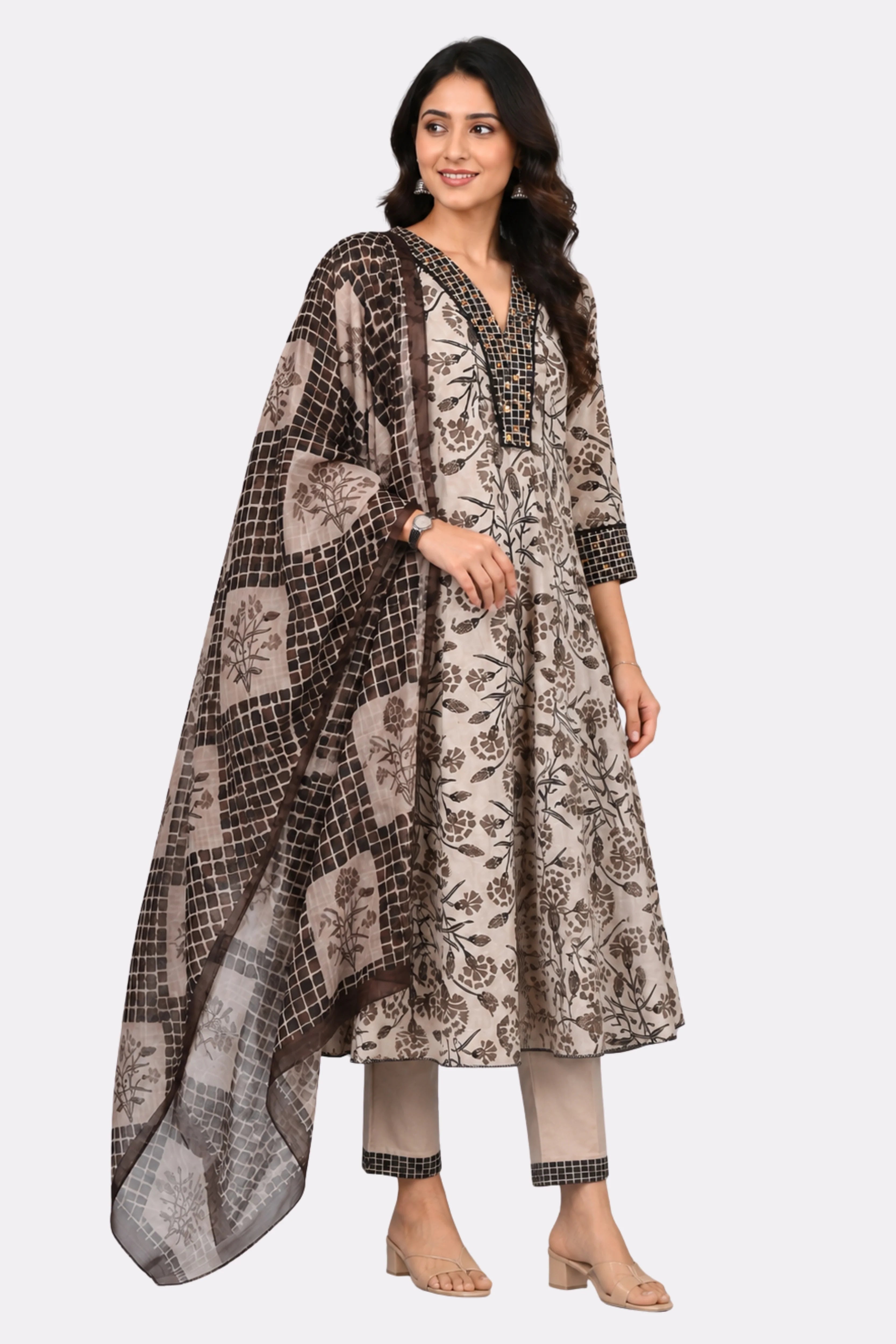 Floral Print Anarkali Cotton Suit Set-Global Republic