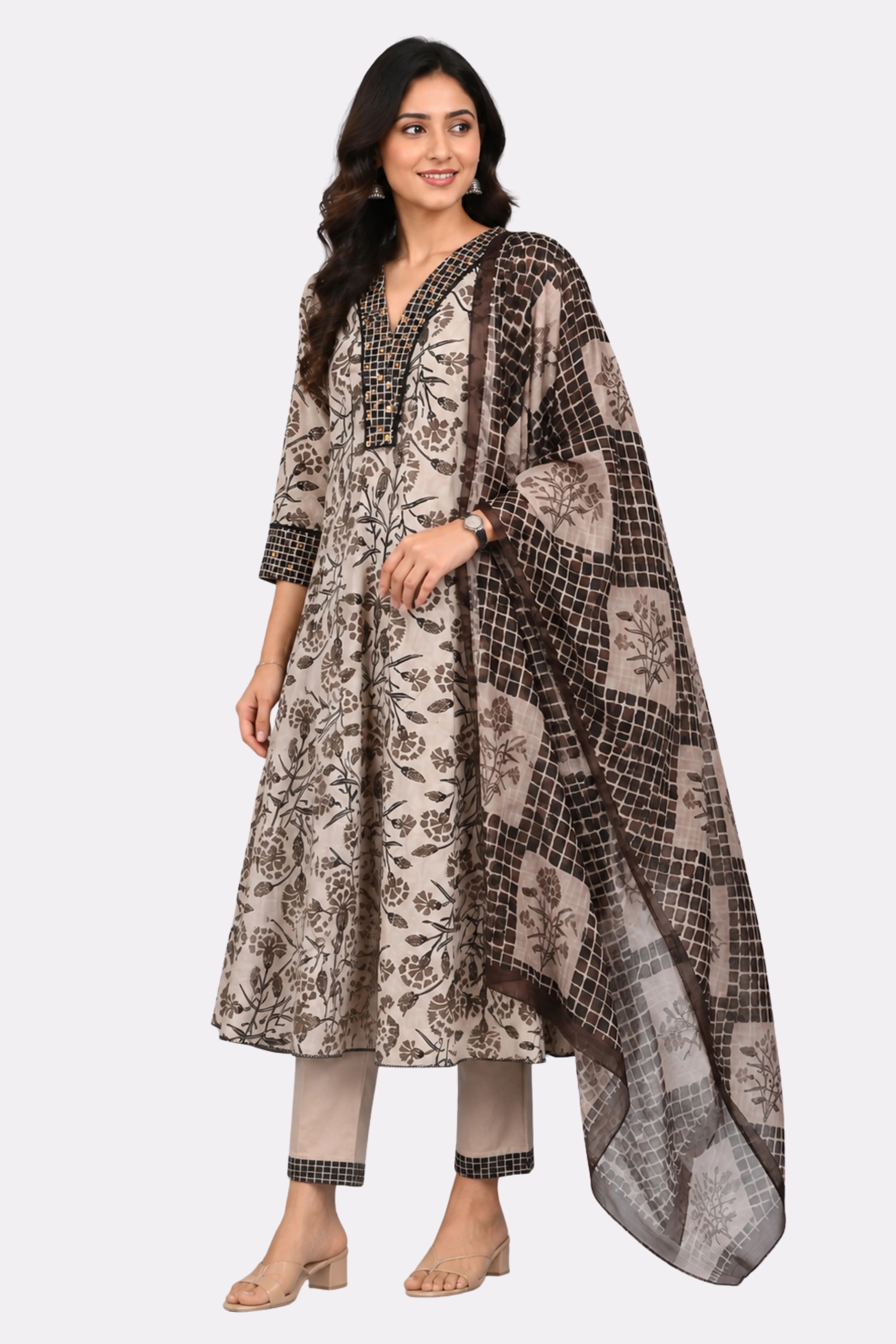 Floral Print Anarkali Cotton Suit Set-Global Republic