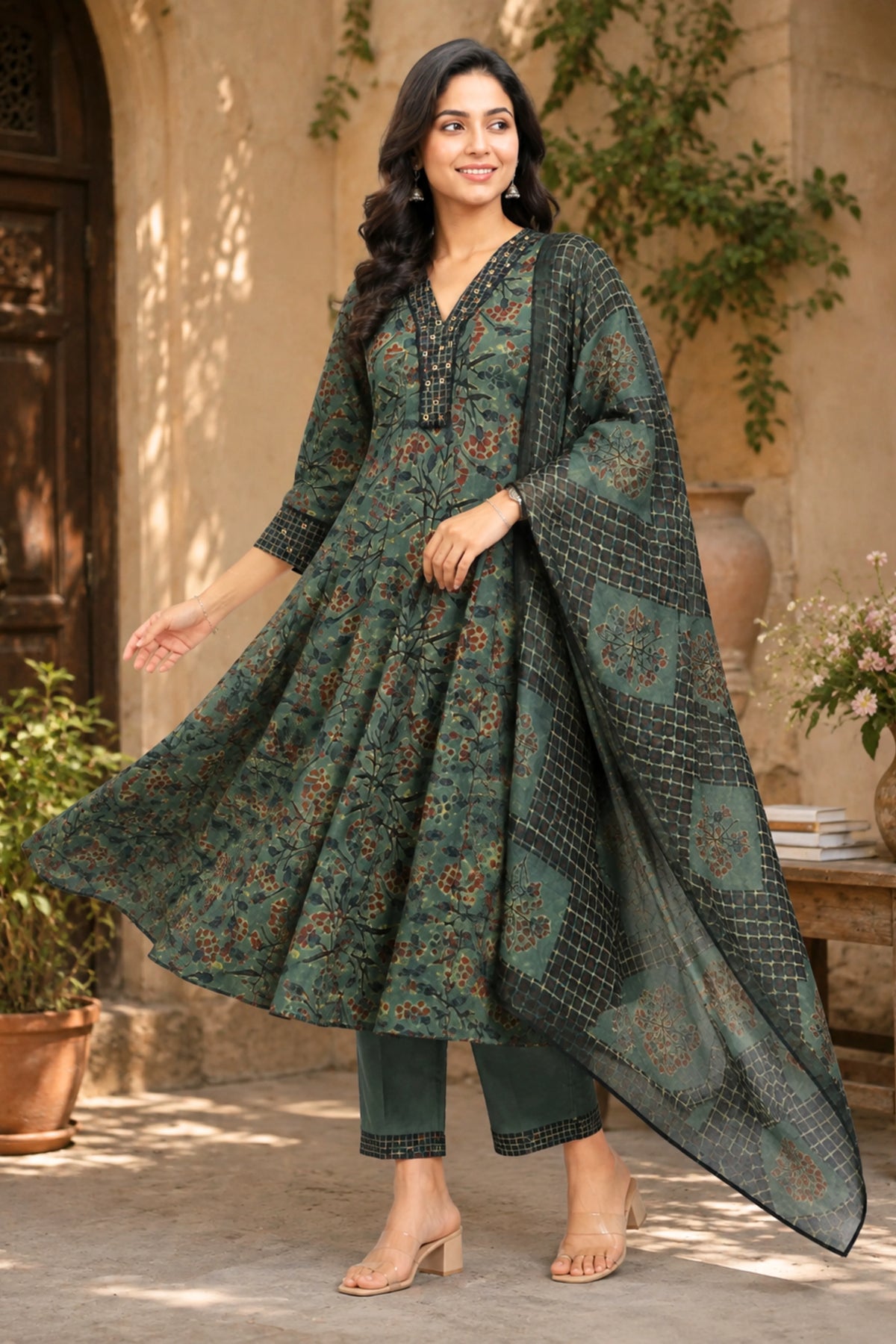 Green Floral Print Cotton Suit Set-Global Republic