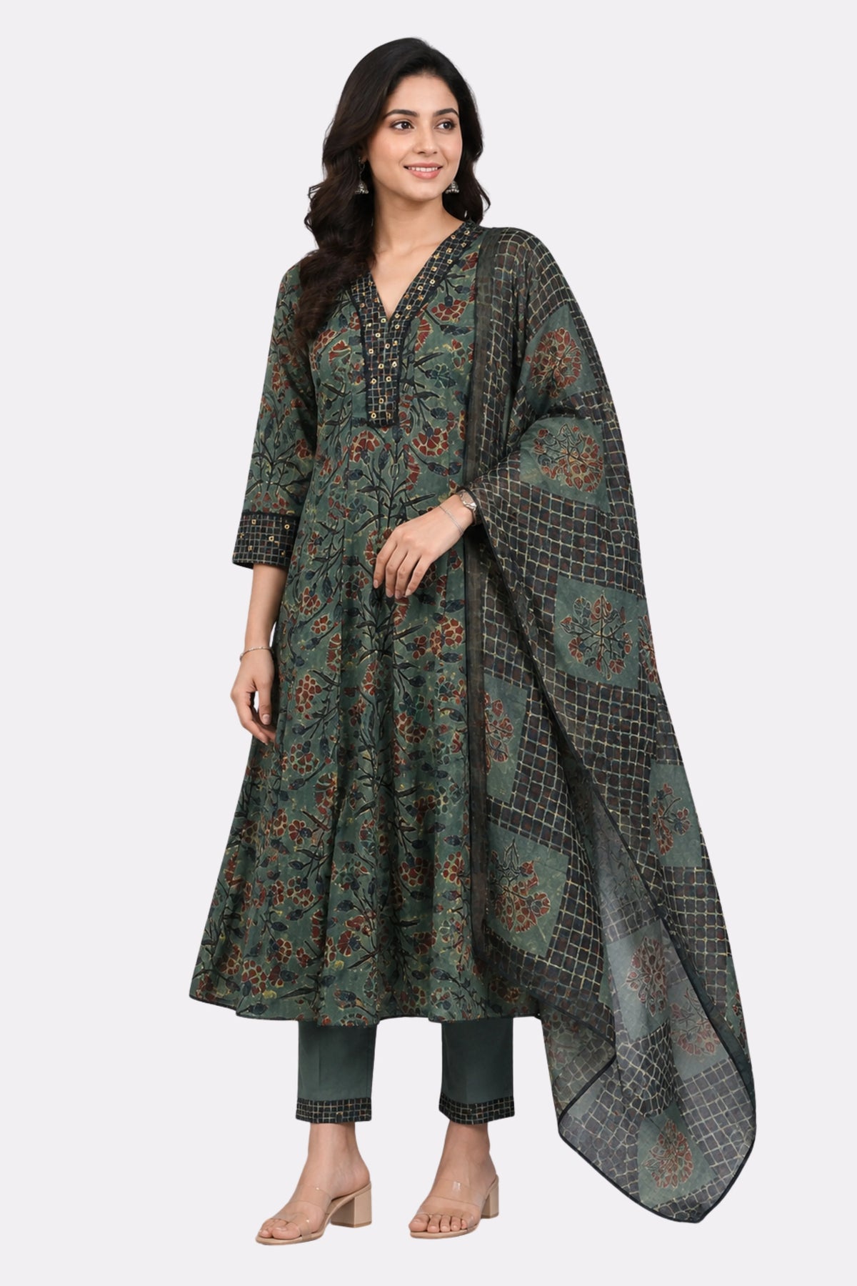Green Floral Print Cotton Suit Set-Global Republic