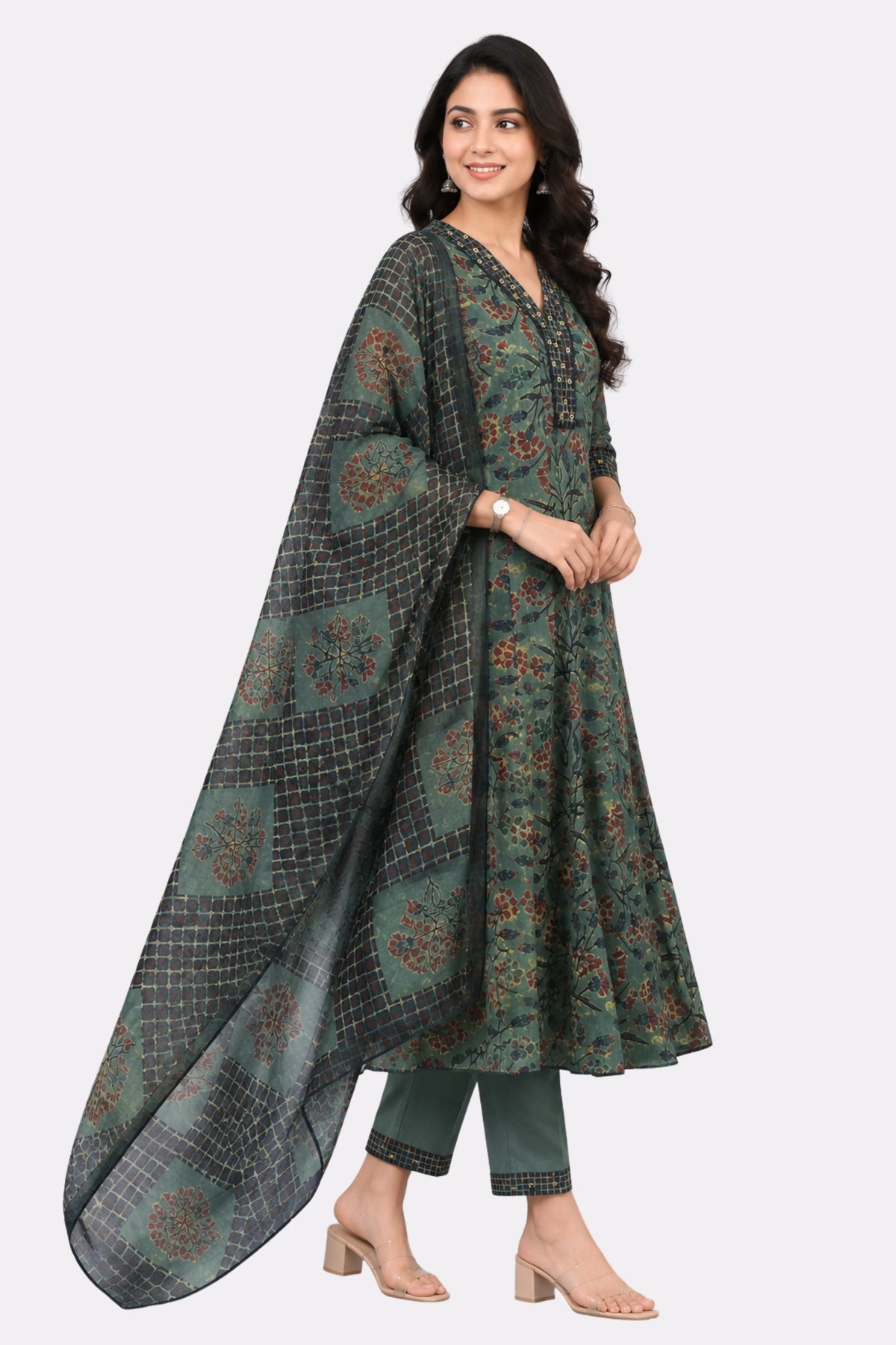 Green Floral Print Cotton Suit Set-Global Republic