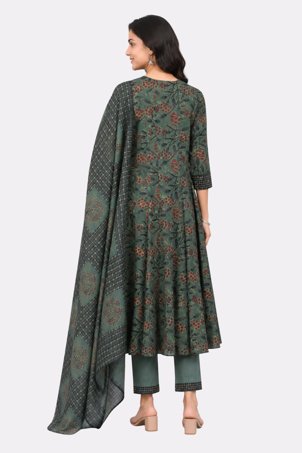 Green Floral Print Cotton Suit Set-Global Republic