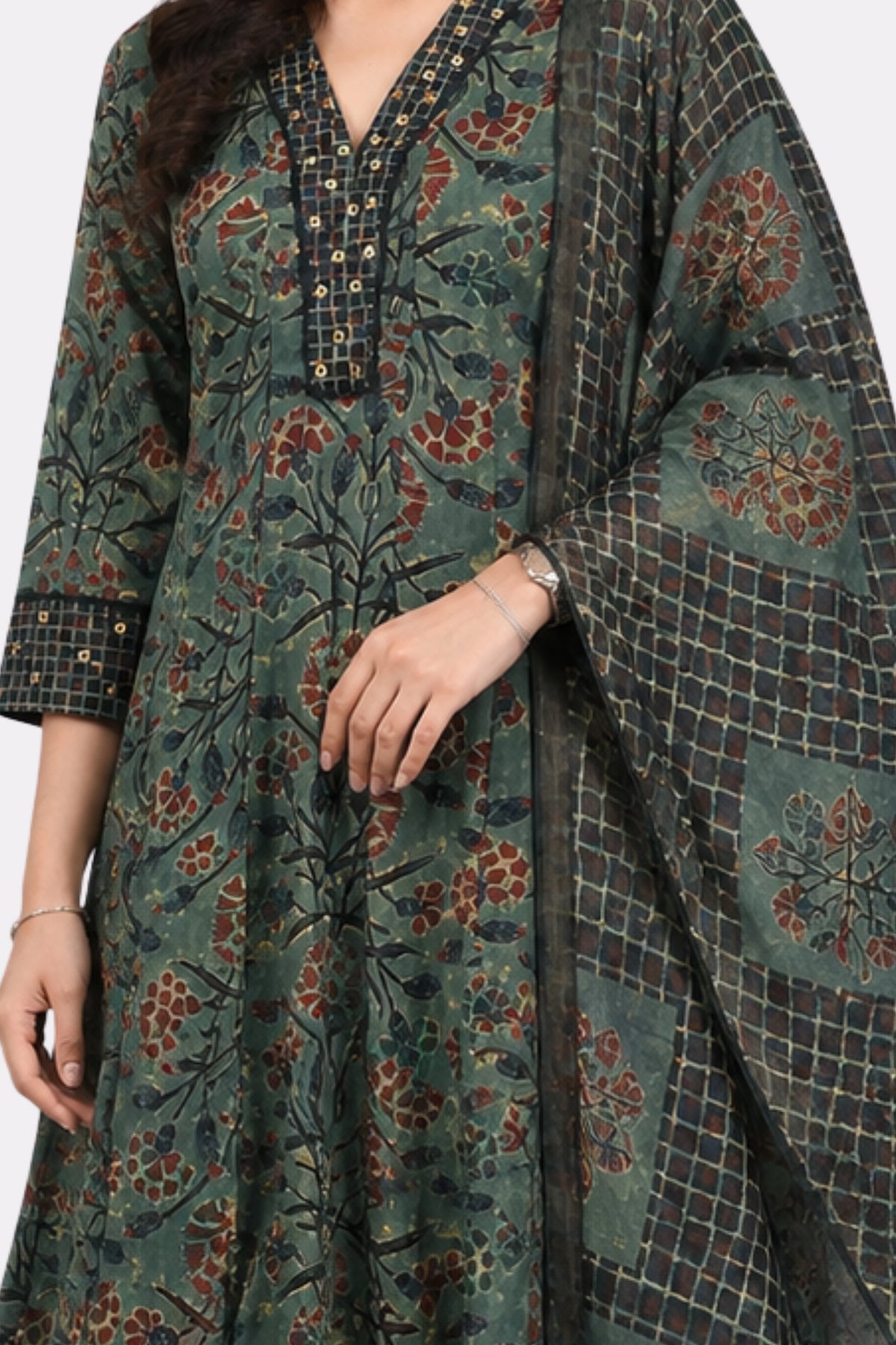Green Floral Print Cotton Suit Set-Global Republic
