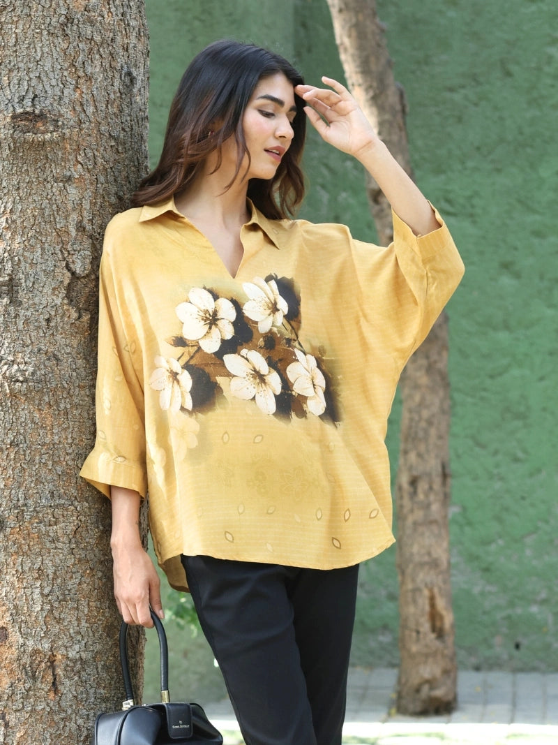 Mustard Viscose Floral Loose Top - Global Republic