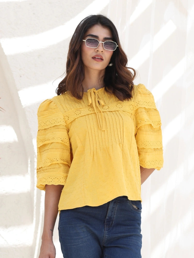 Mustard Dobby Cotton Regular Fit Blouse - Global Republic