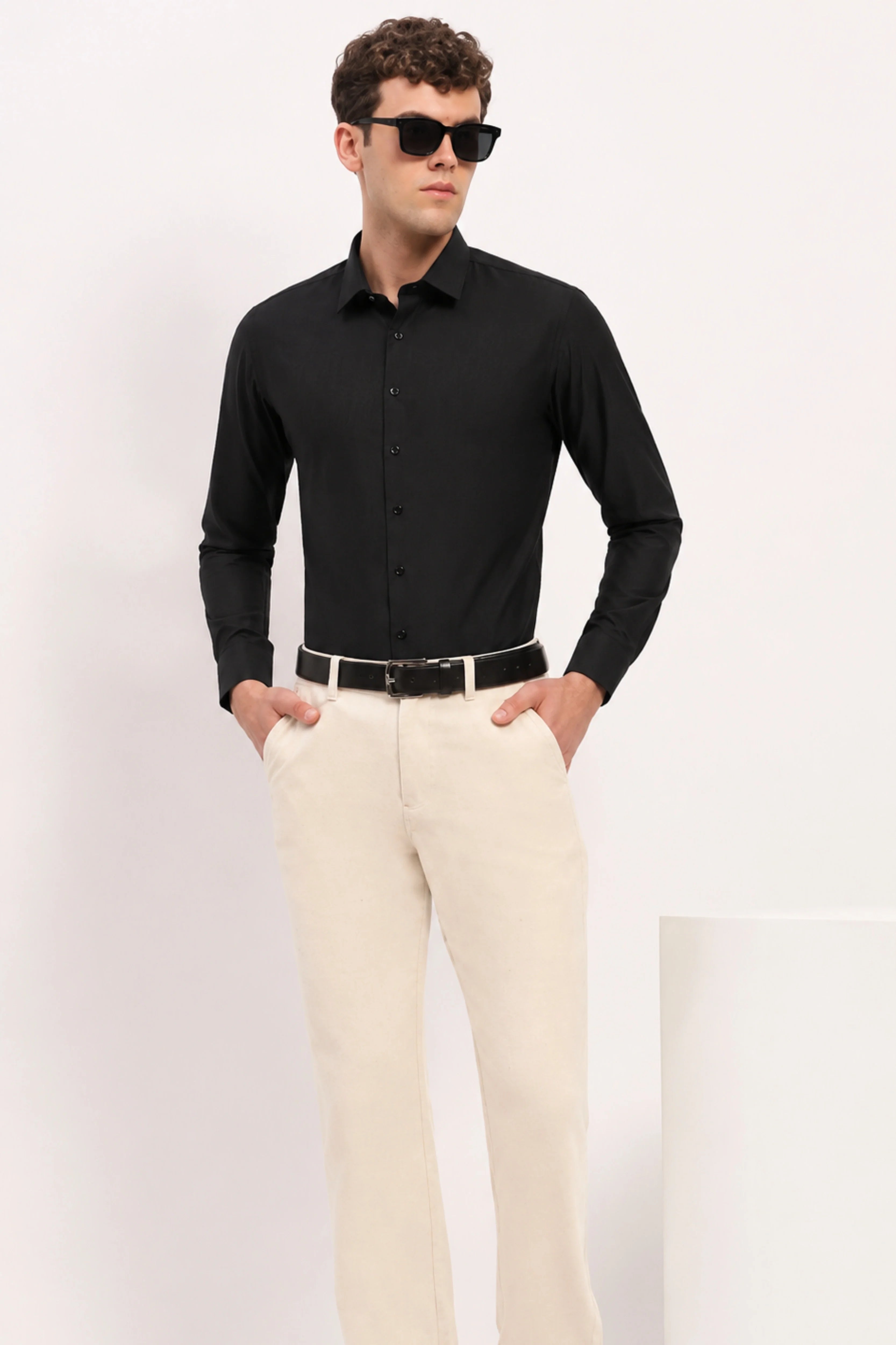 Black Cotton Blend Casual Shirt-Global Republic