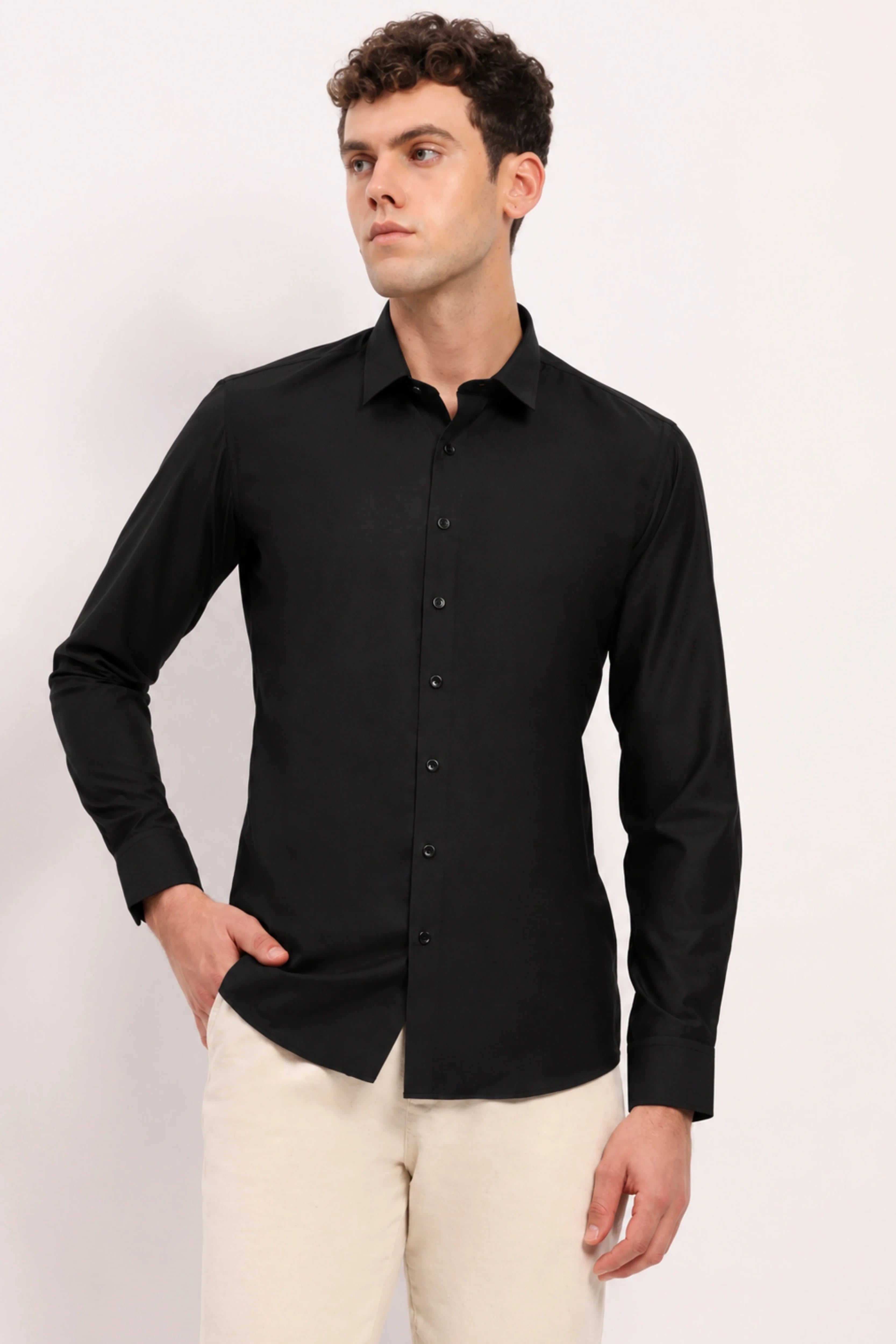 Black Cotton Blend Casual Shirt-Global Republic