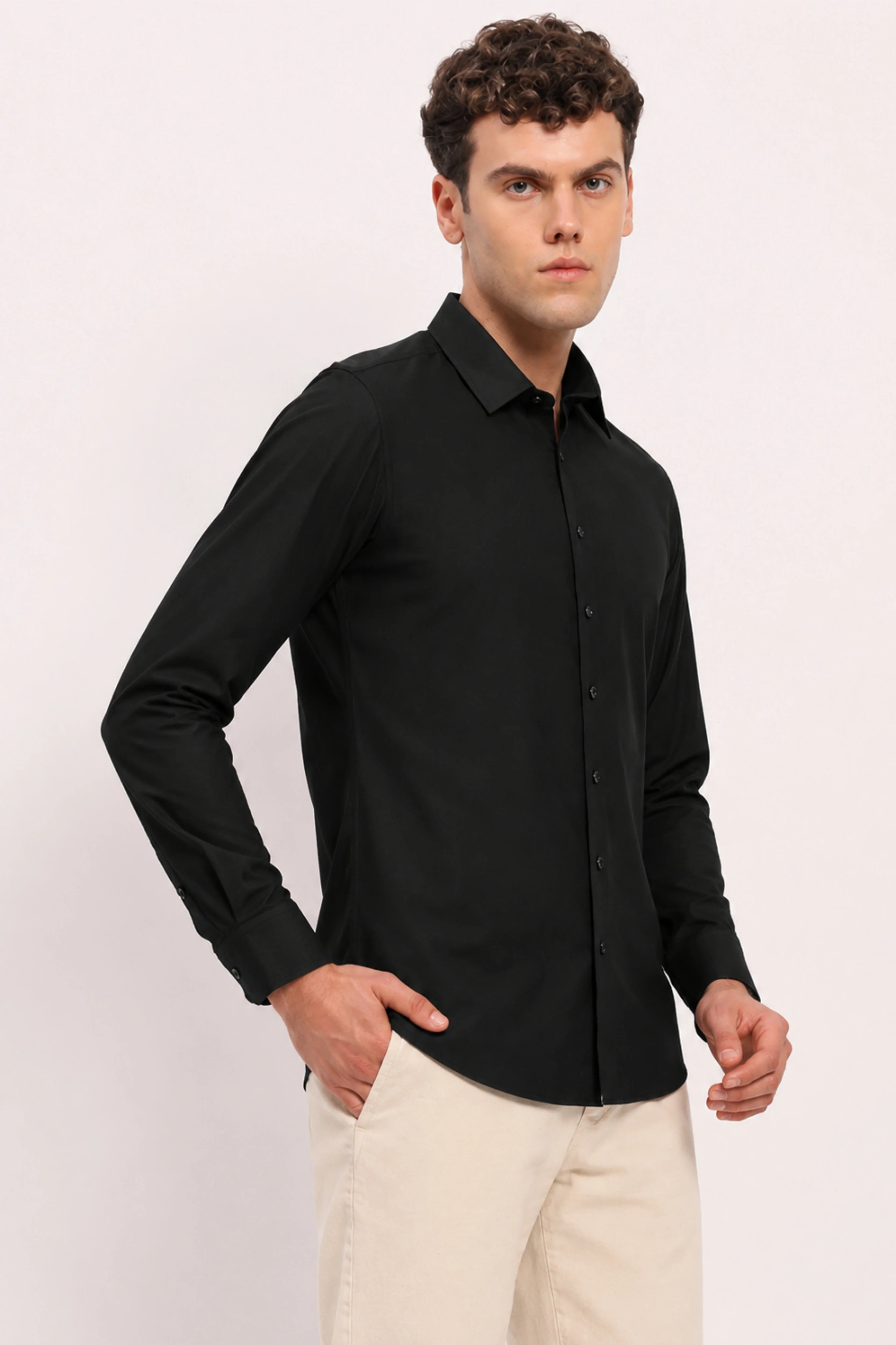 Black Cotton Blend Casual Shirt-Global Republic