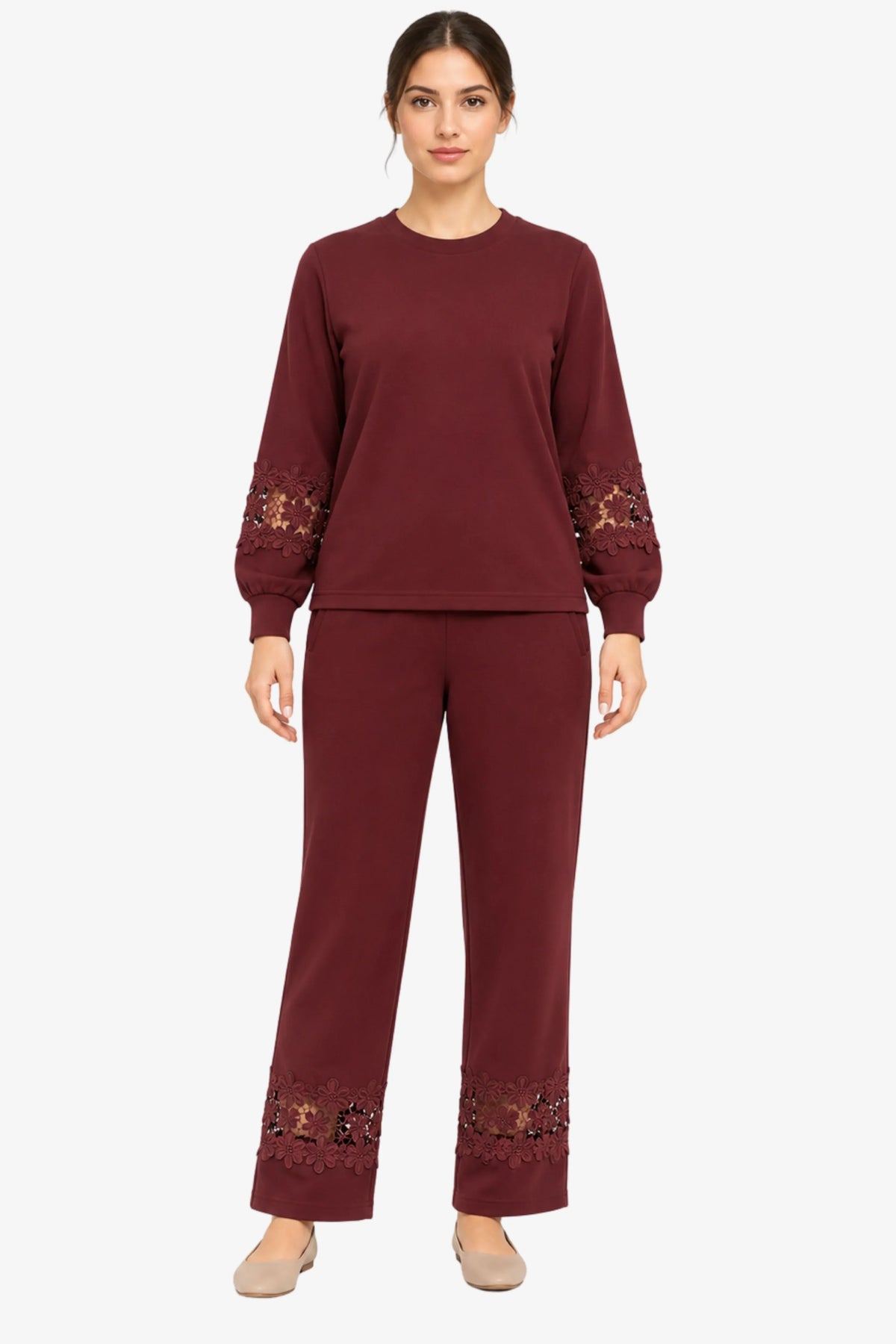 Maroon Floral Lace Co-ord Set-Global Republic