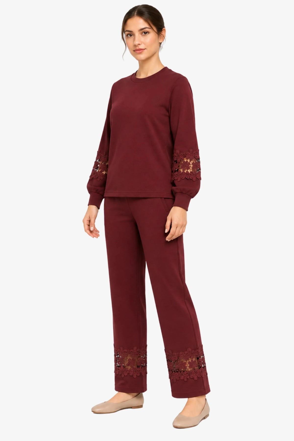 Maroon Floral Lace Co-ord Set-Global Republic