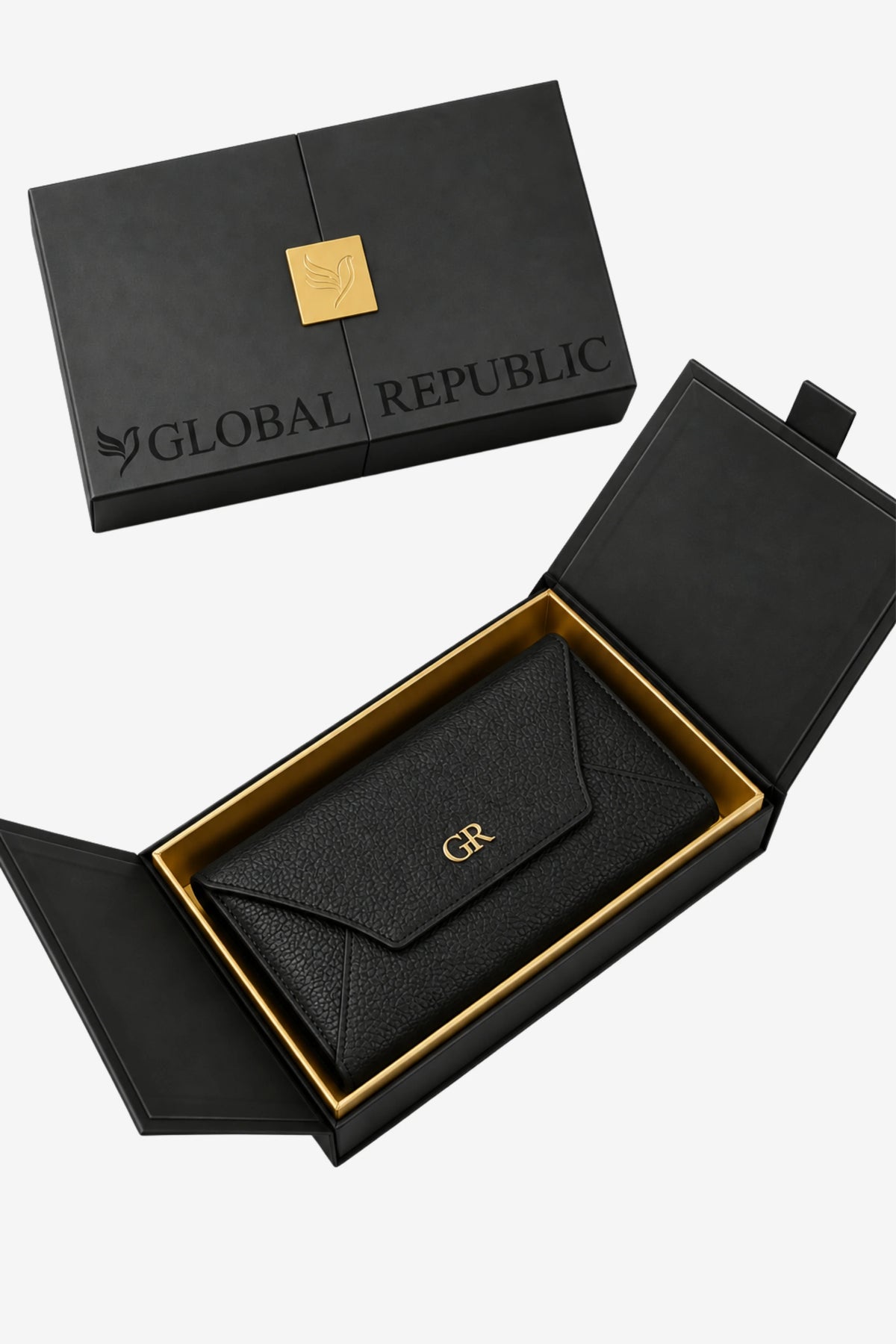 Women’s Black Textured Clutch with Flap Closure-Global Republic