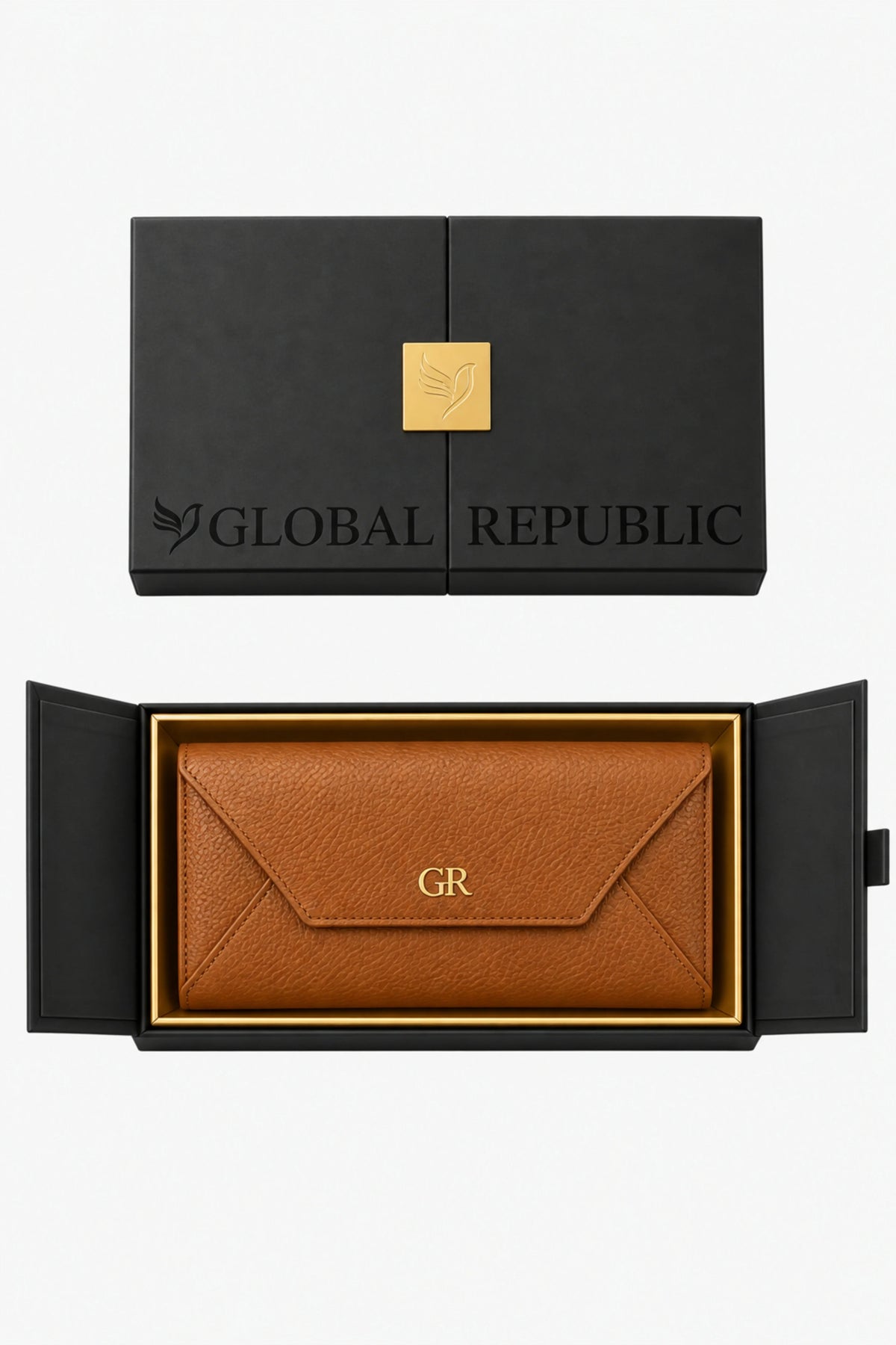 Tan Brown Textured Clutch with Flap Closure-Global Republic