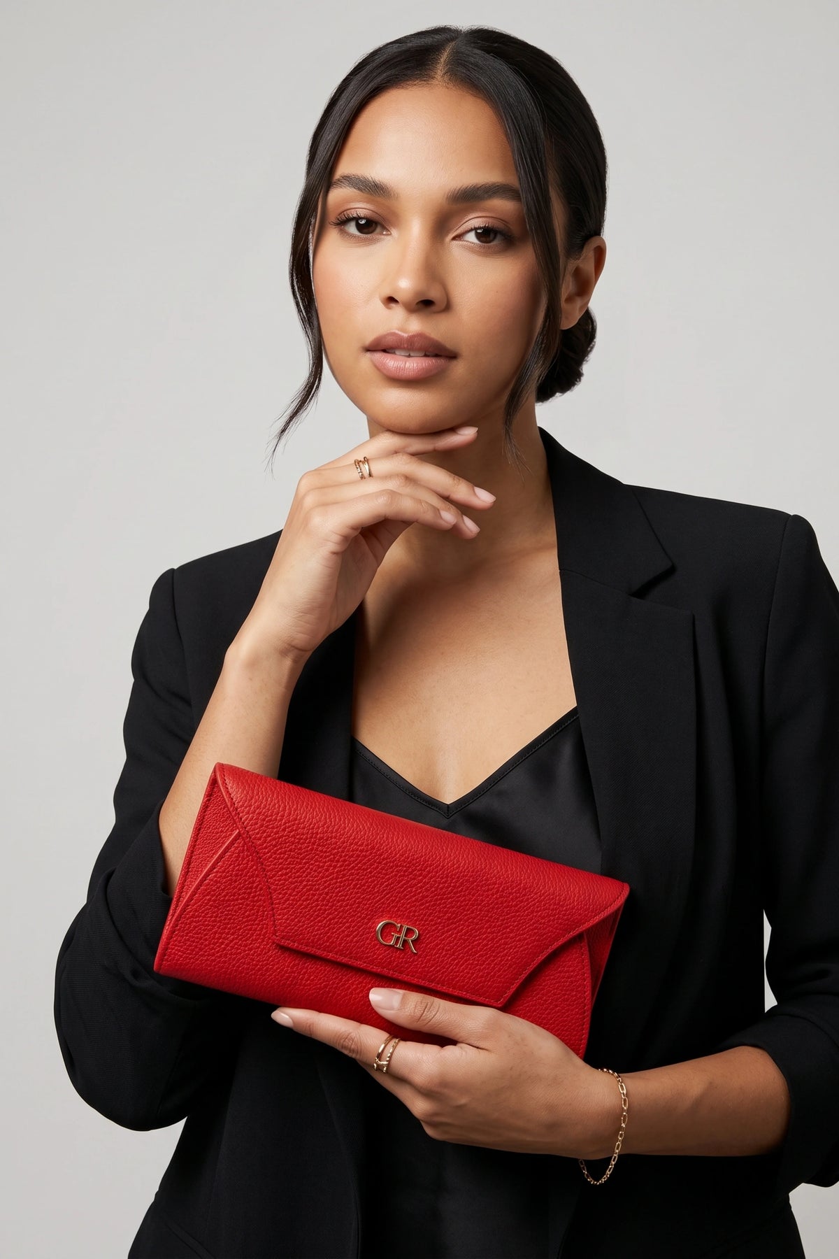 Red Textured Clutch with Flap Closure-Global Republic