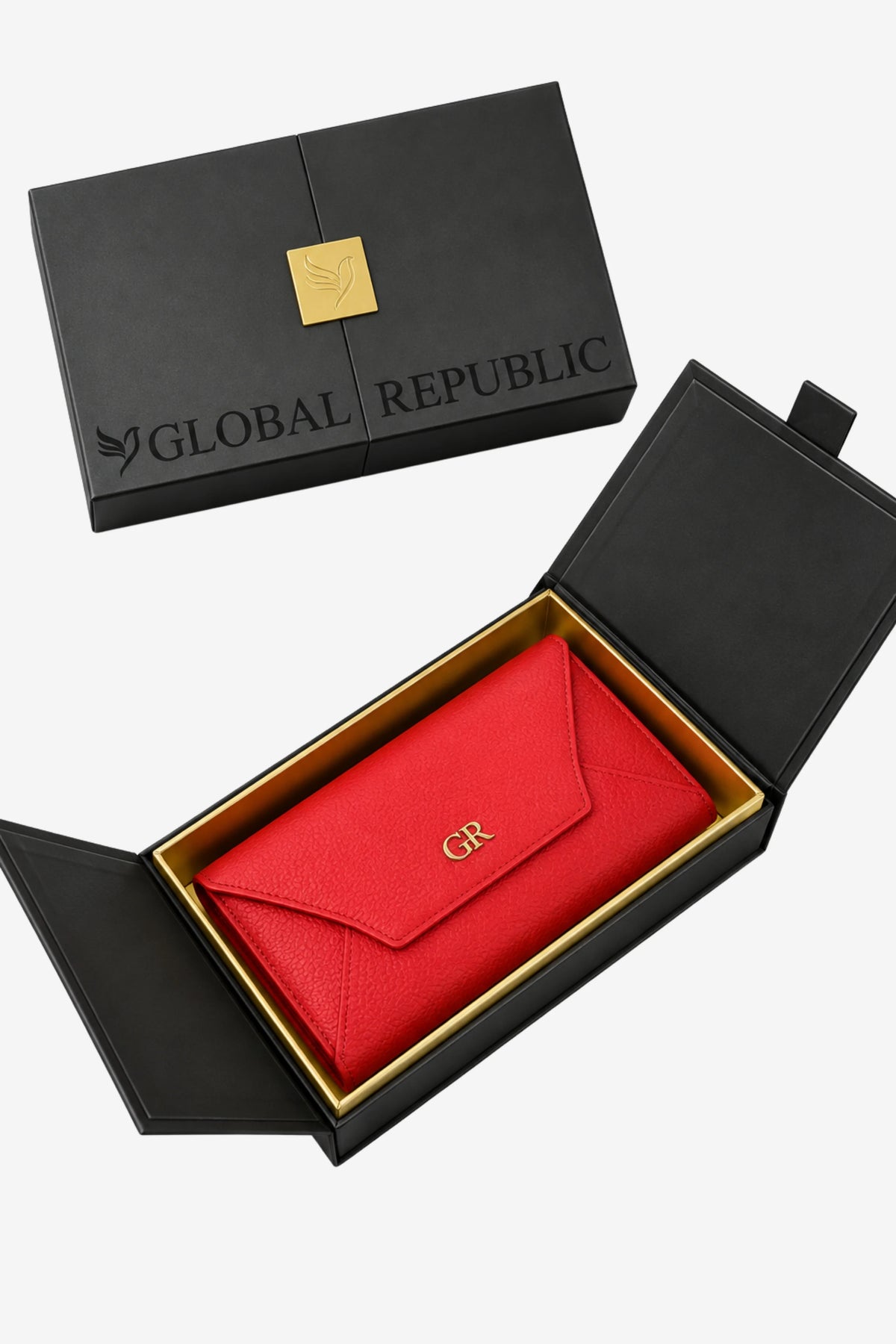 Red Textured Clutch with Flap Closure-Global Republic