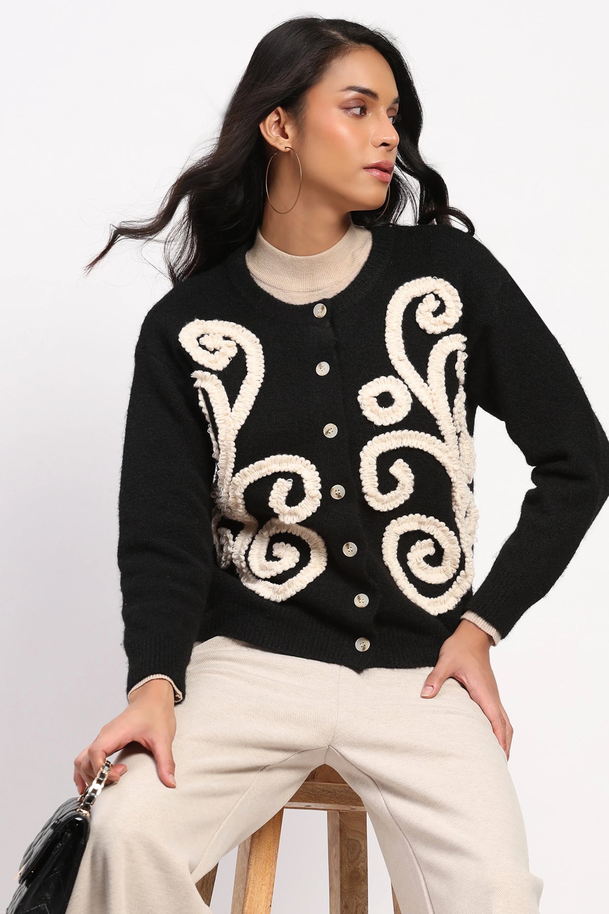 Black Floral Embroidered Cardigan-Global Republic