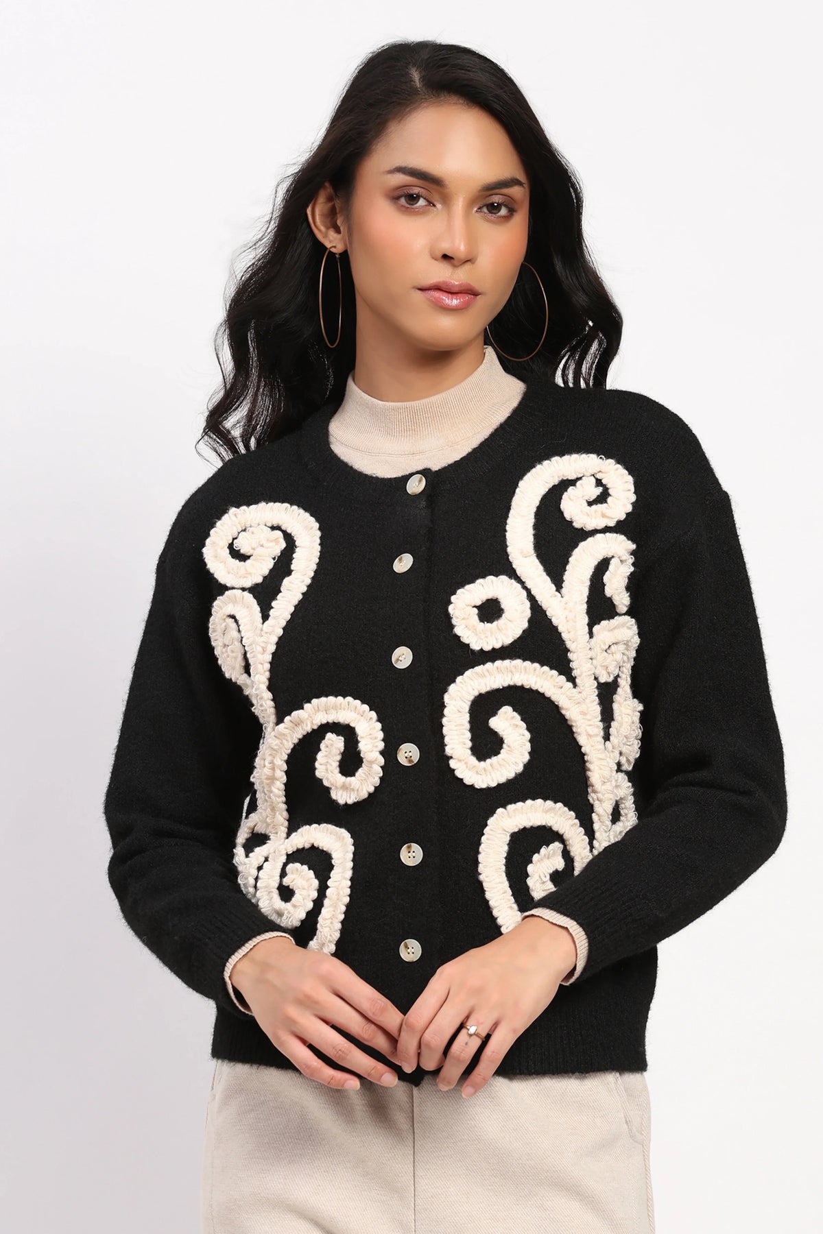 Black Floral Embroidered Cardigan-Global Republic