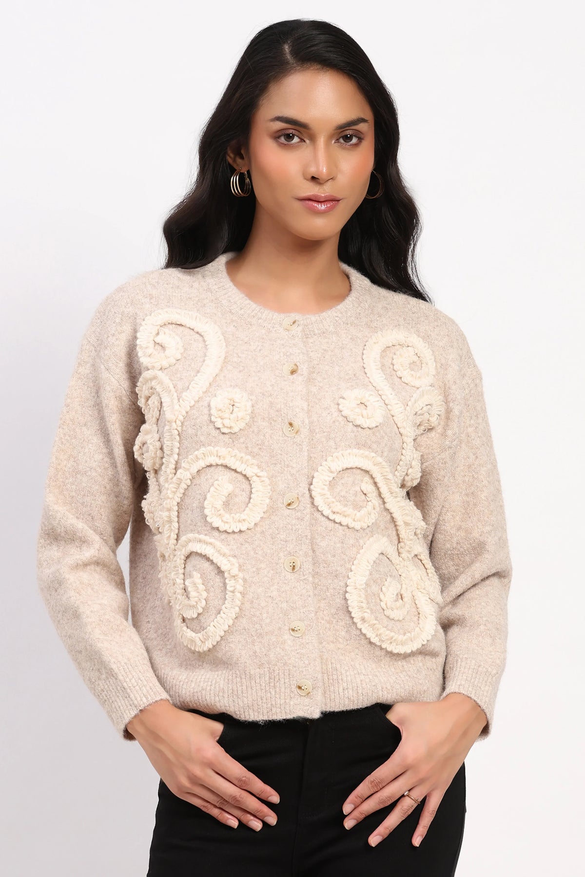 Khaki Floral Embroidered Cardigan-Global Republic