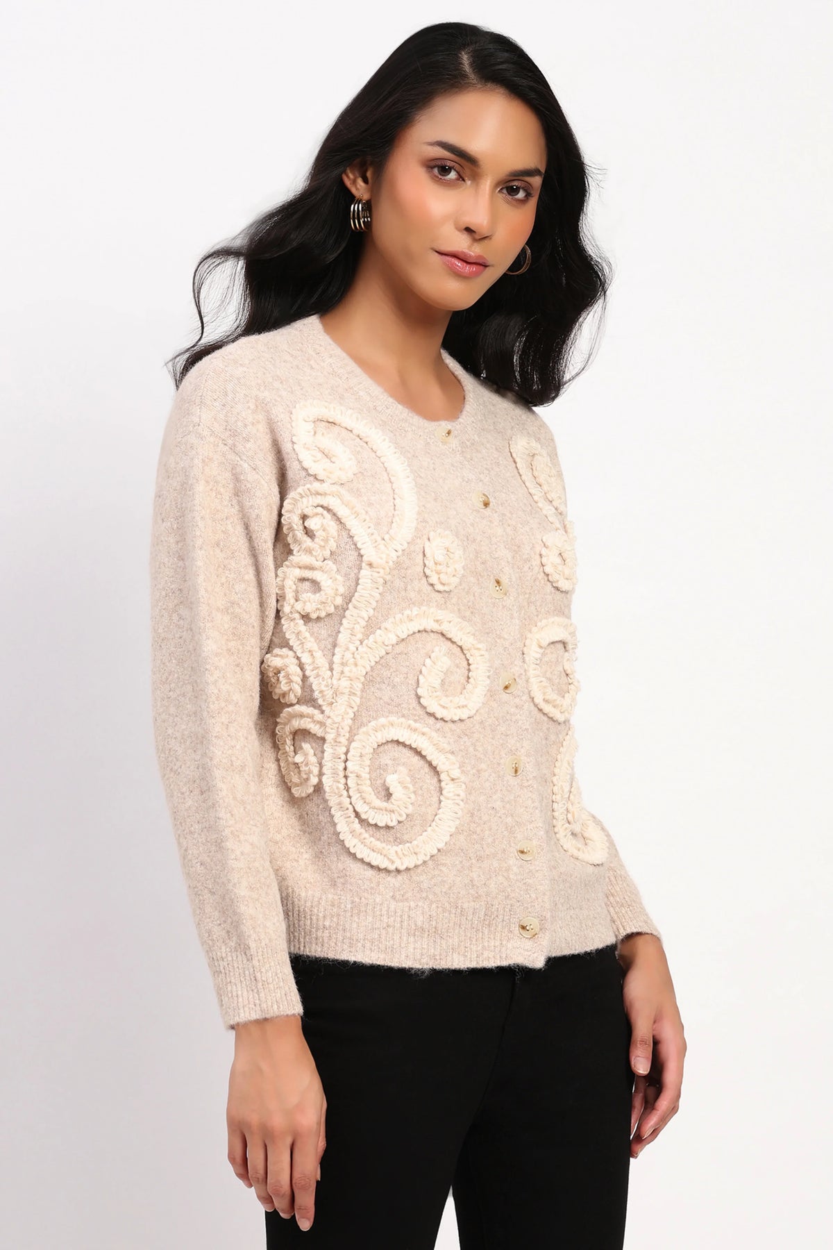Khaki Floral Embroidered Cardigan-Global Republic