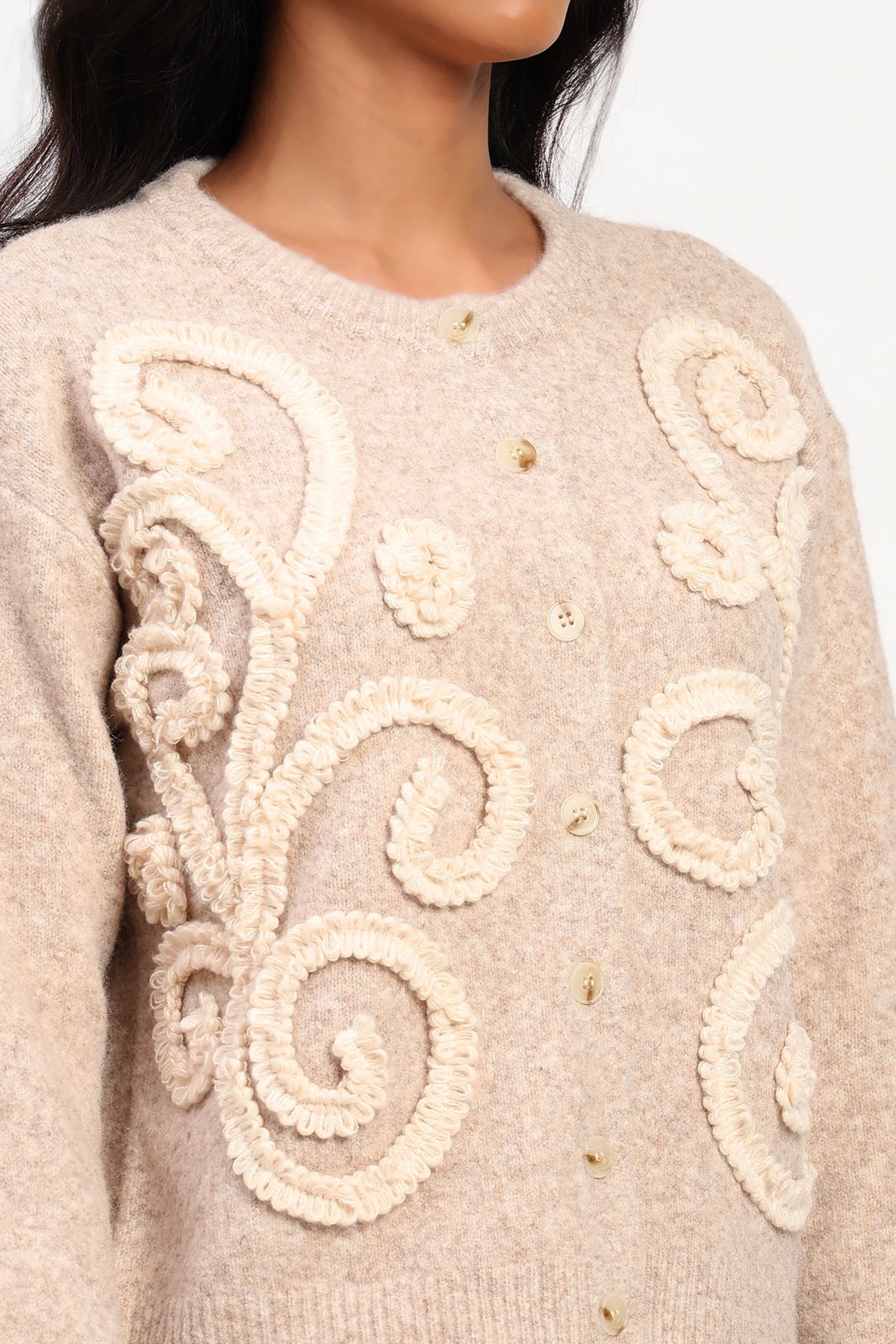 Khaki Floral Embroidered Cardigan-Global Republic
