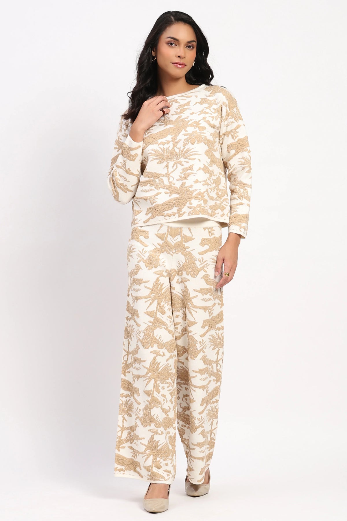 Beige Abstract Winter Co-ord Set-Global Republic