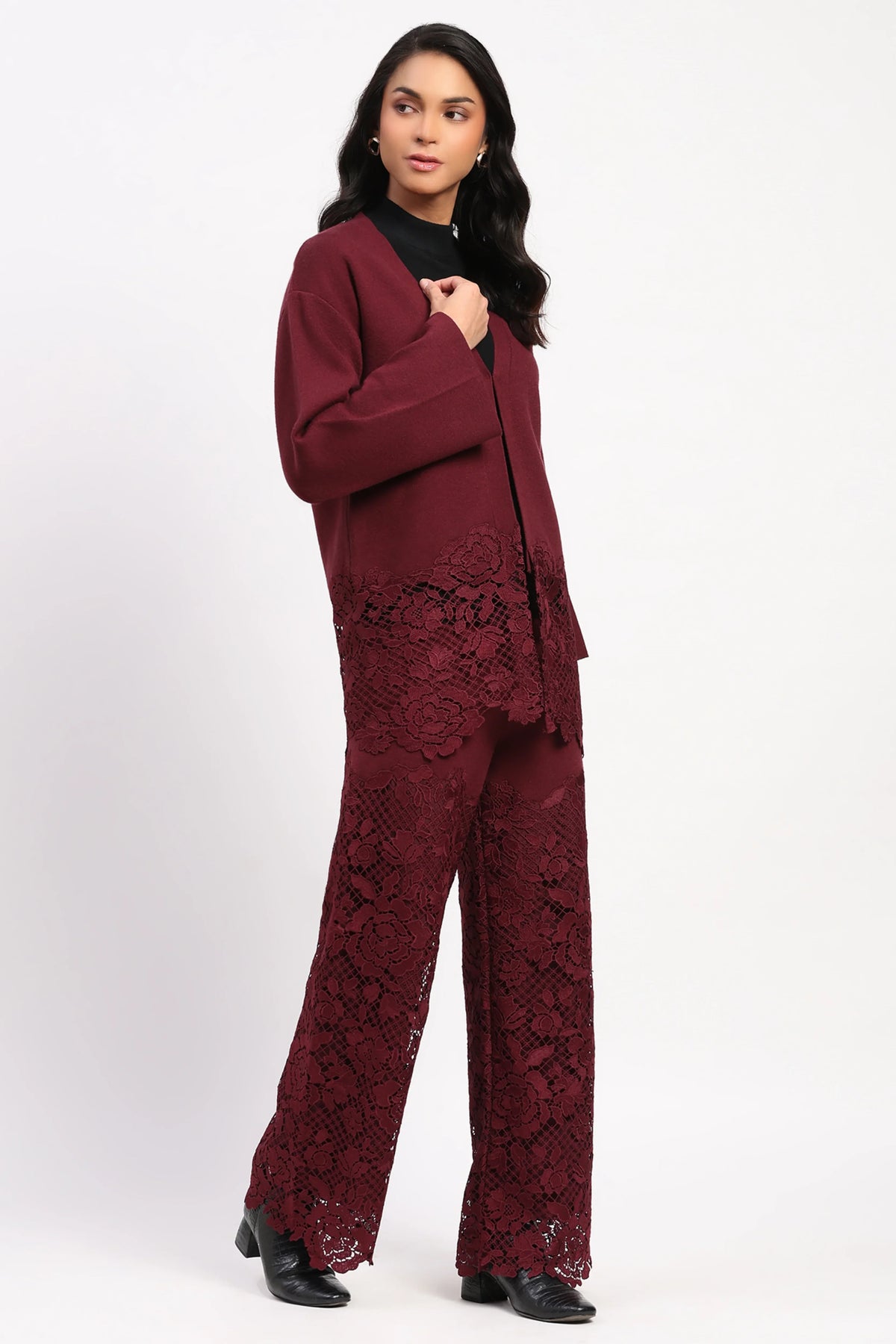 Maroon Viscose Blend Winter Co-ord Set-Global Republic