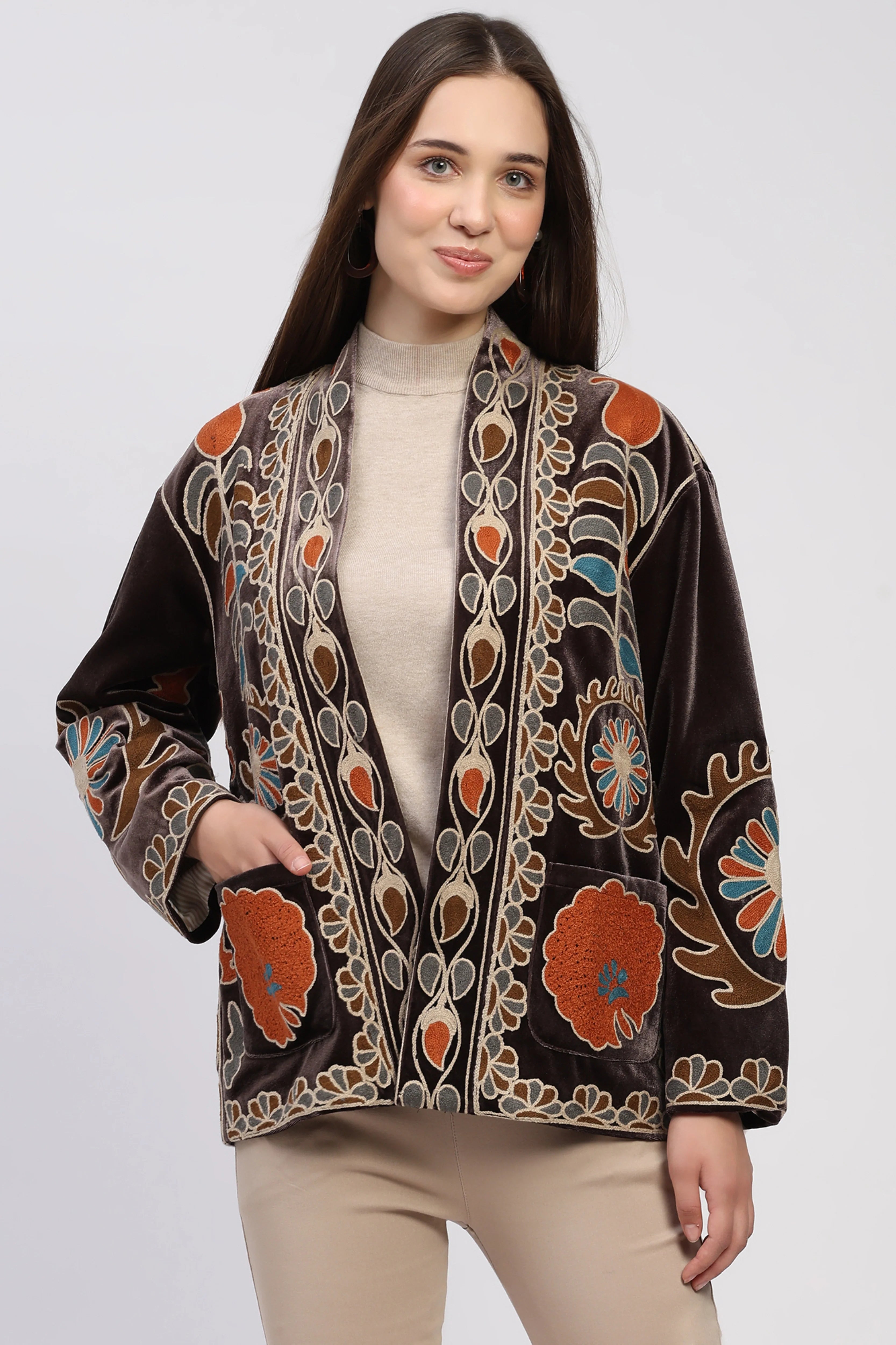 Brown Embroidered Winter Jacket