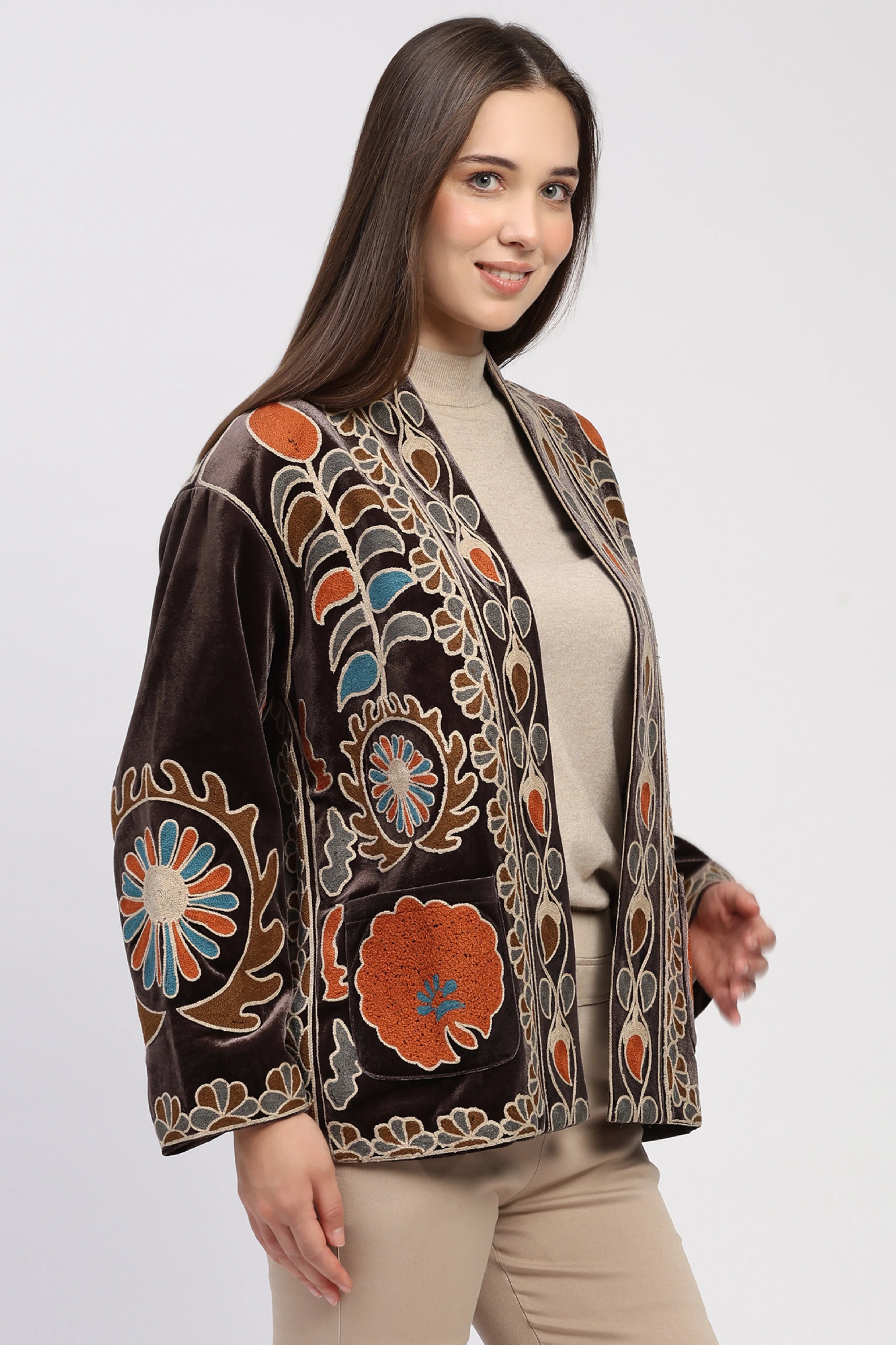 Brown Embroidered Winter Jacket
