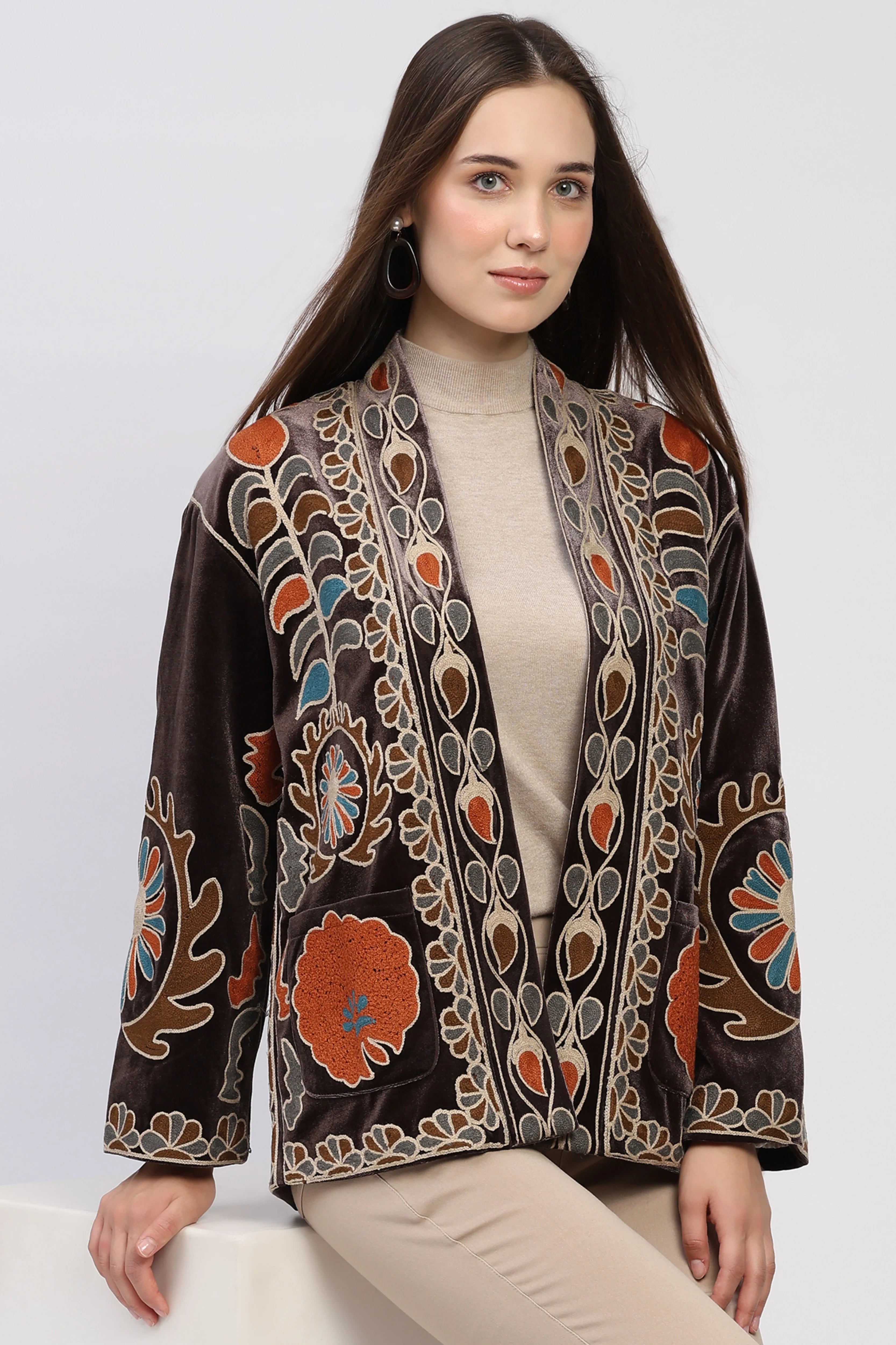 Brown Embroidered Winter Jacket