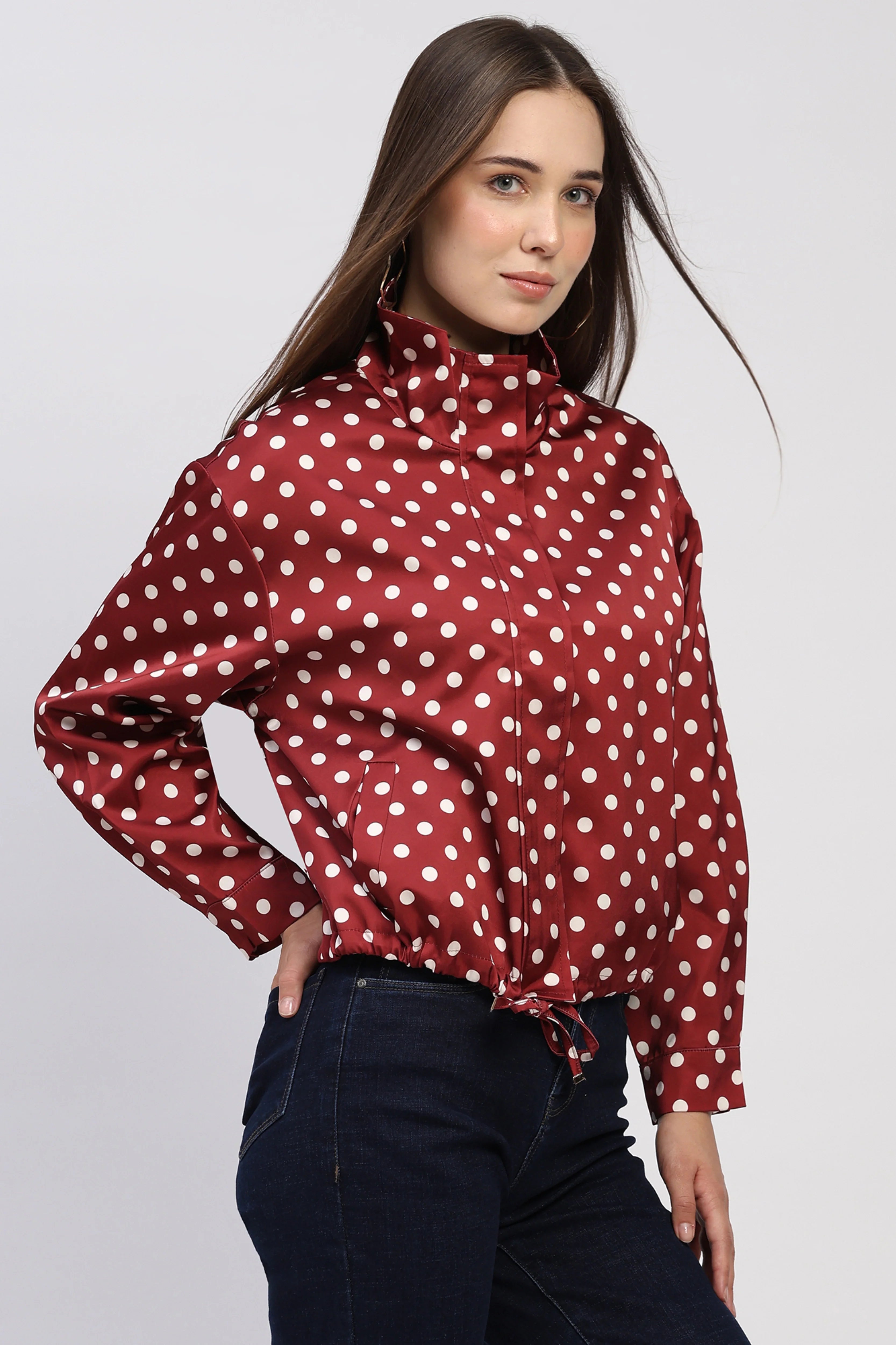 Maroon Polka Dot Polyester Jacket