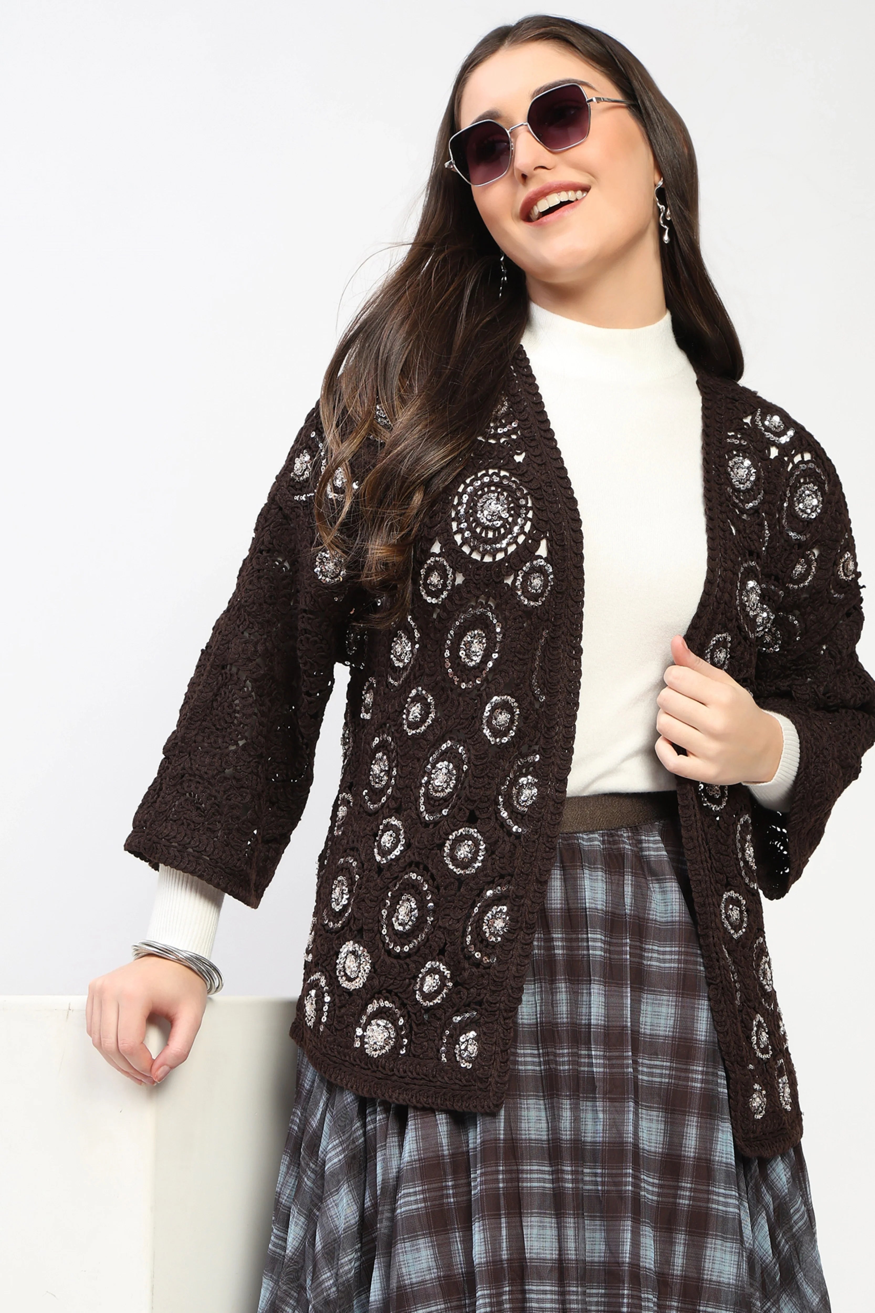 Coffee Sequin Crochet Shrug-Global Republic