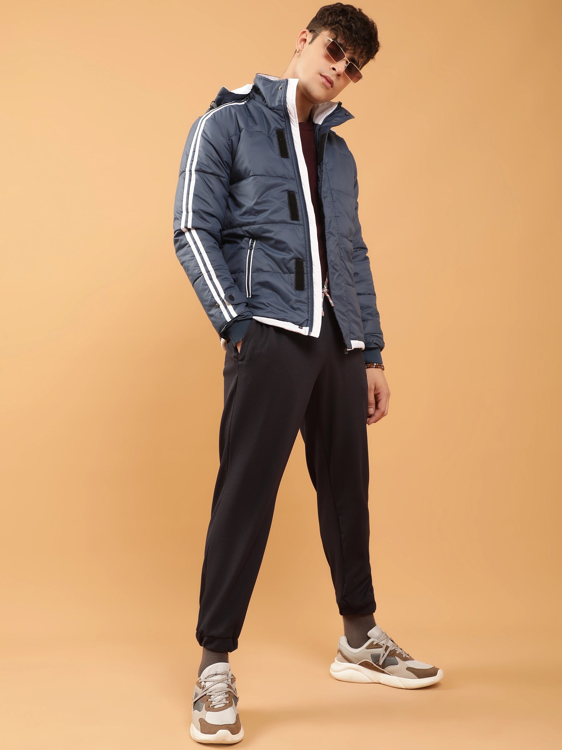 Navy Blue Detachable Hood Puffer Jacket