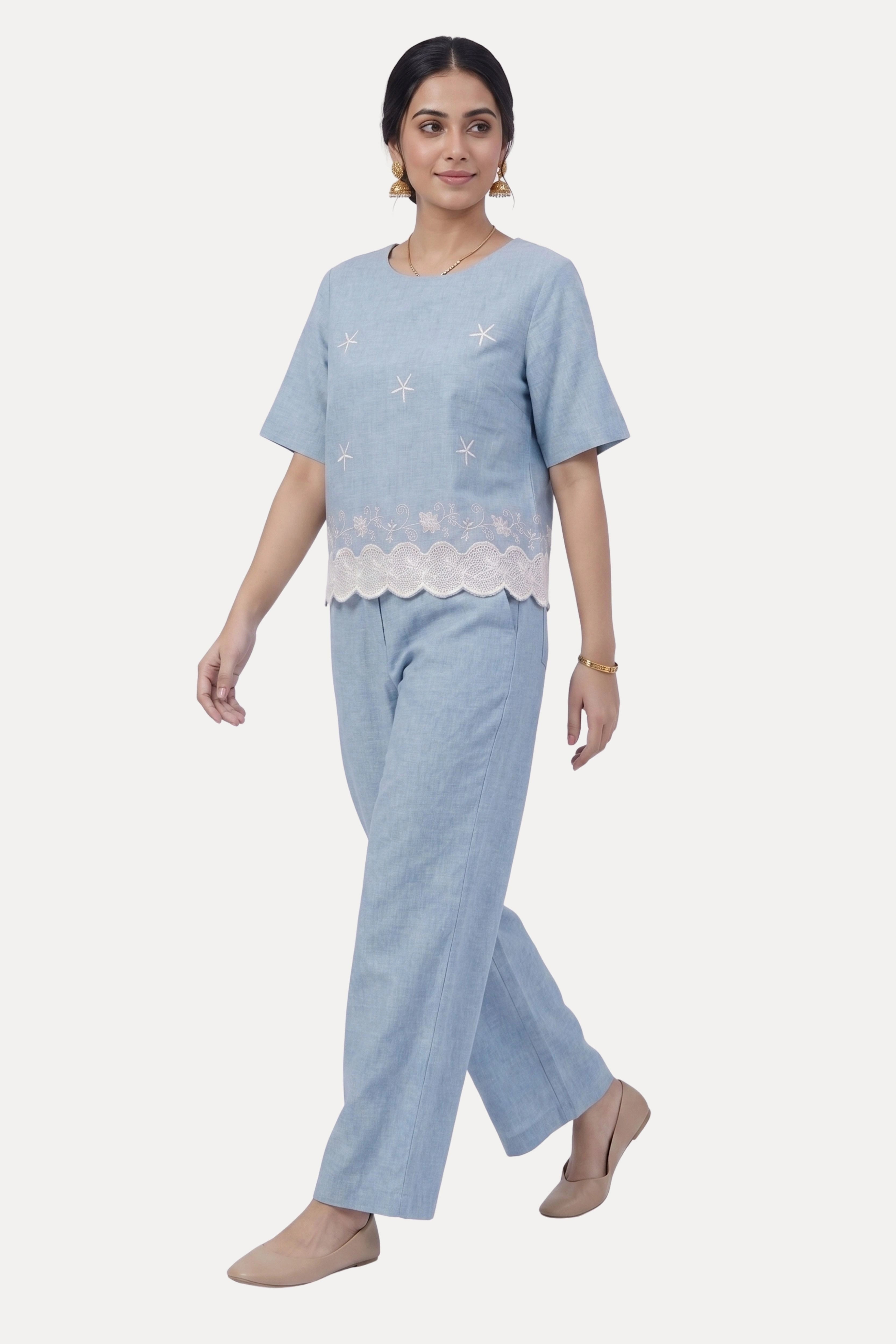 Sky Blue Embroidered Studded Co-Ord Set
