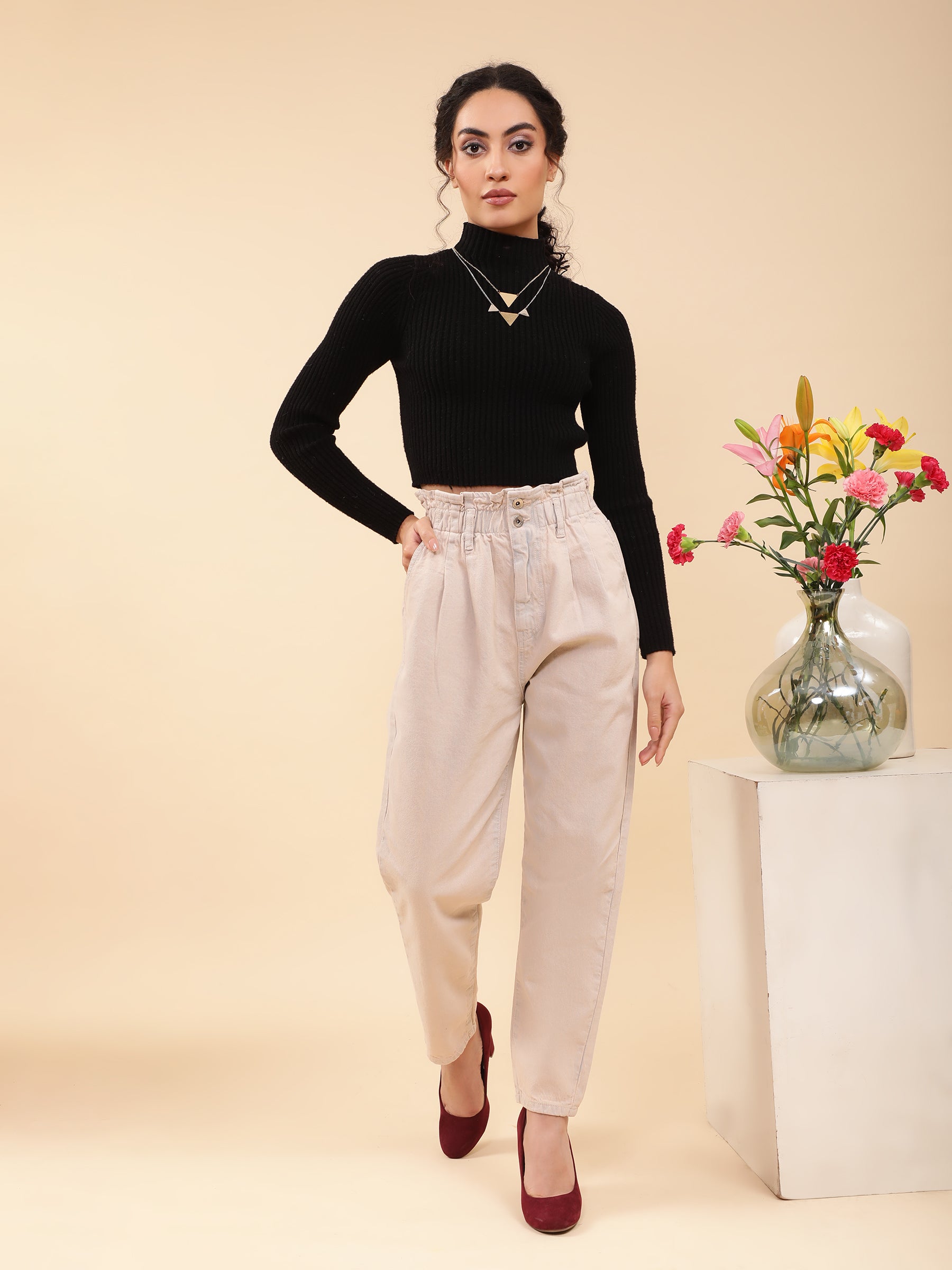 Women Tapered Full Length Beige Paper Waist Jeans - Global Republic