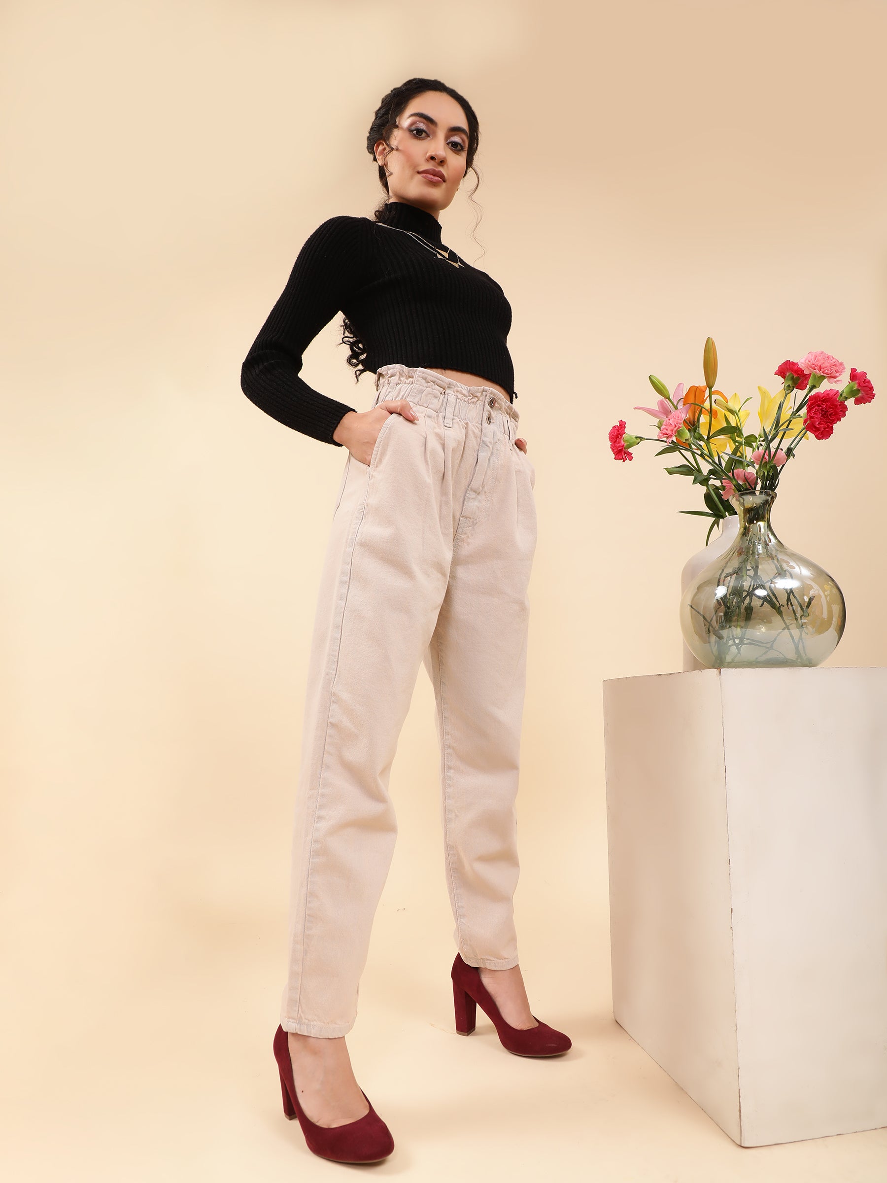 Women Tapered Full Length Beige Paper Waist Jeans - Global Republic