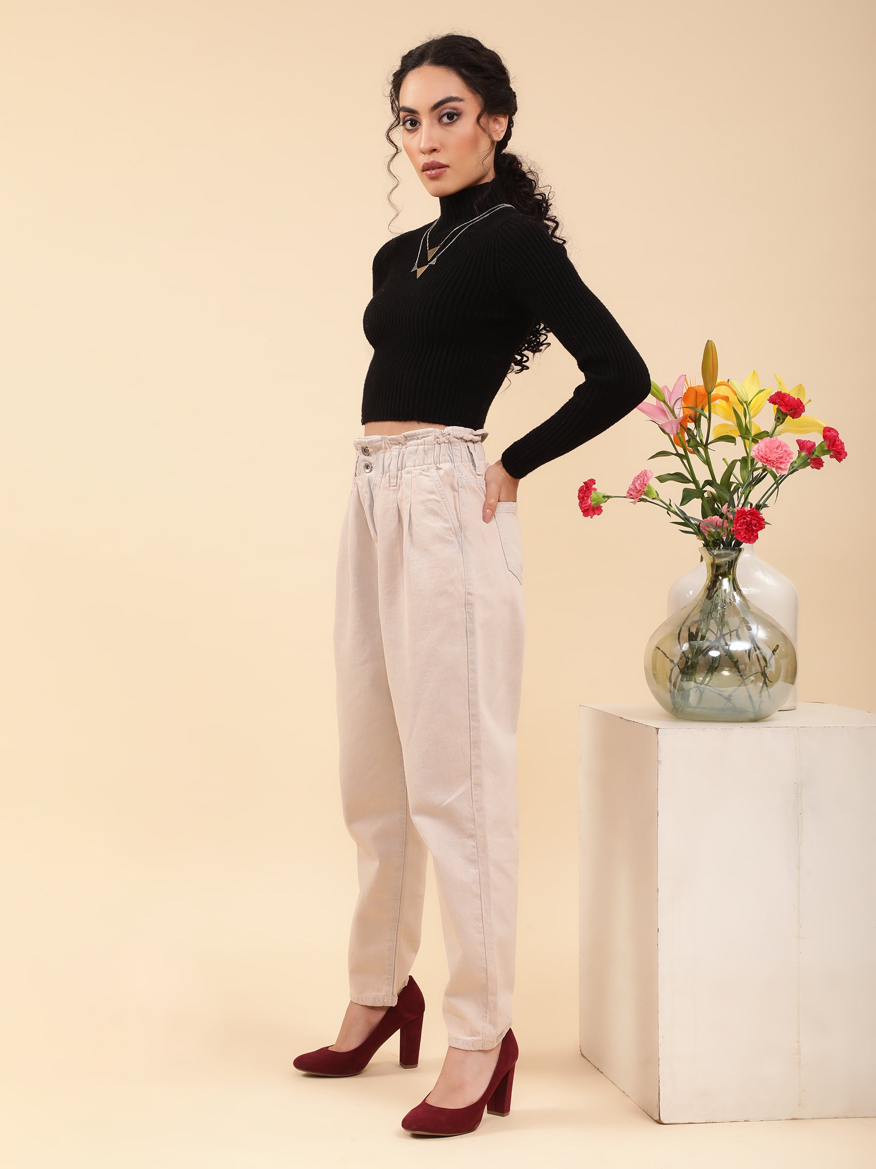 Women Tapered Full Length Beige Paper Waist Jeans - Global Republic