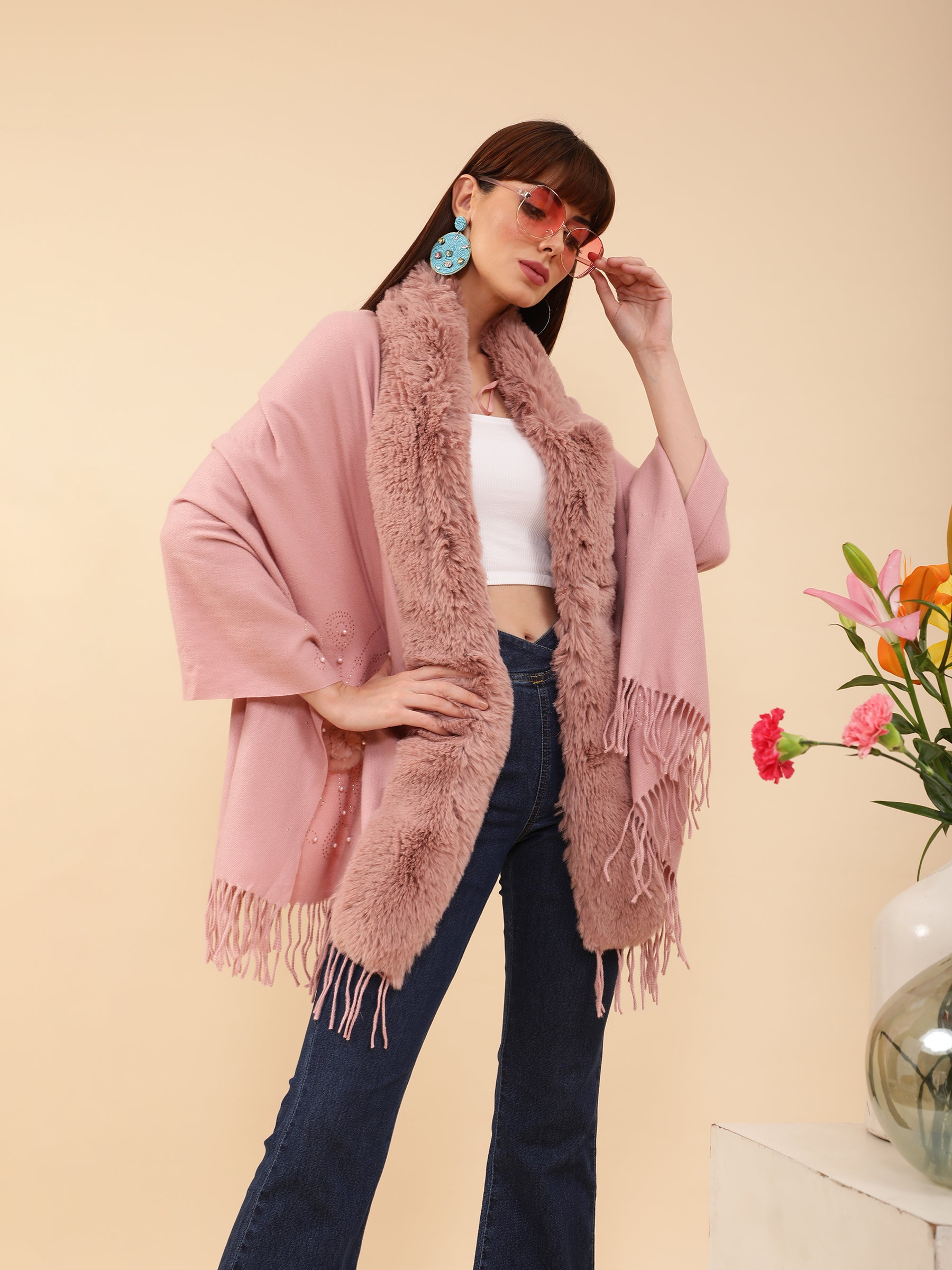 Women Swarovski Detail Furry Pink Stole