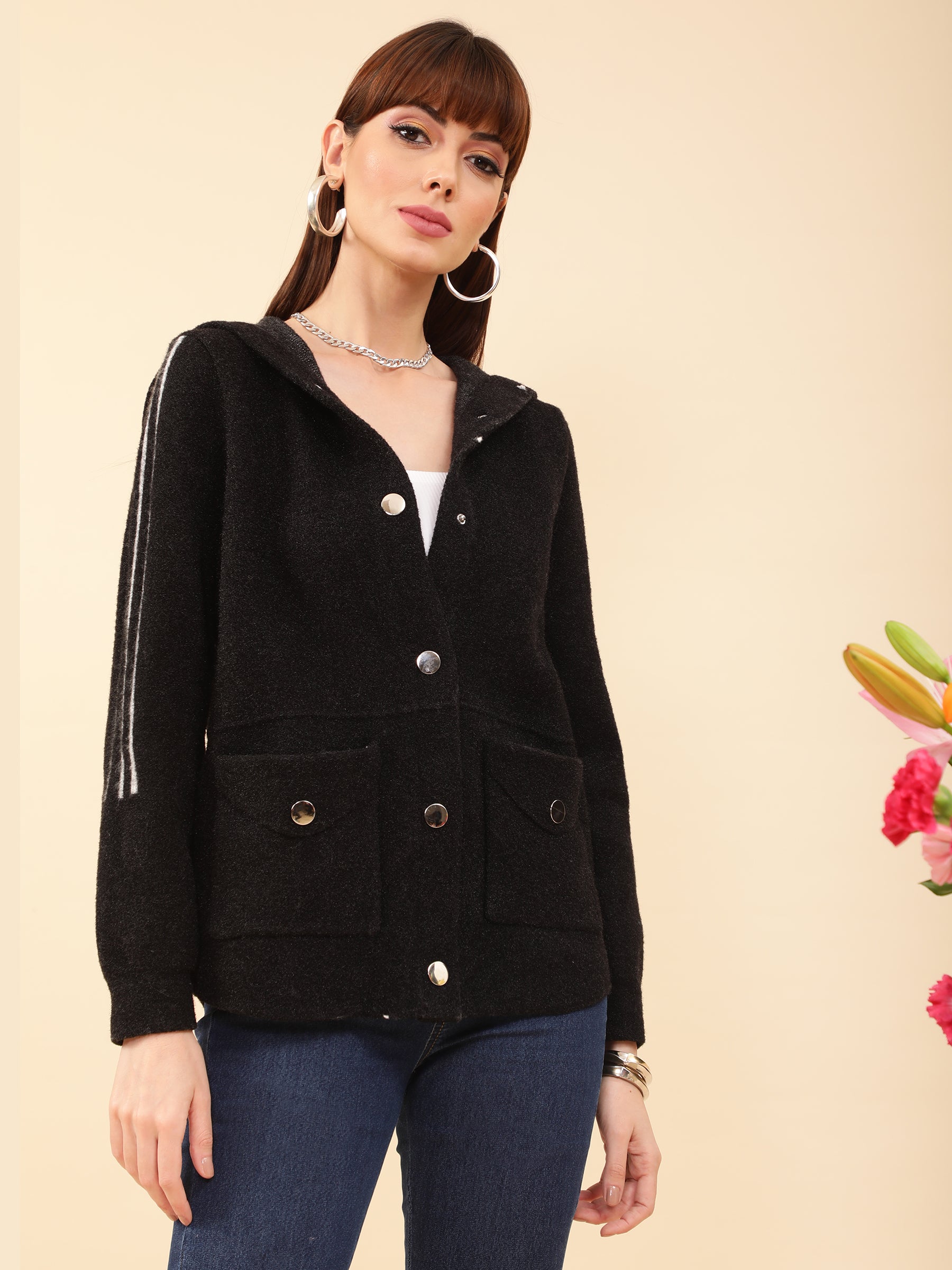 Women Black Full Sleeves Hooded Jacket