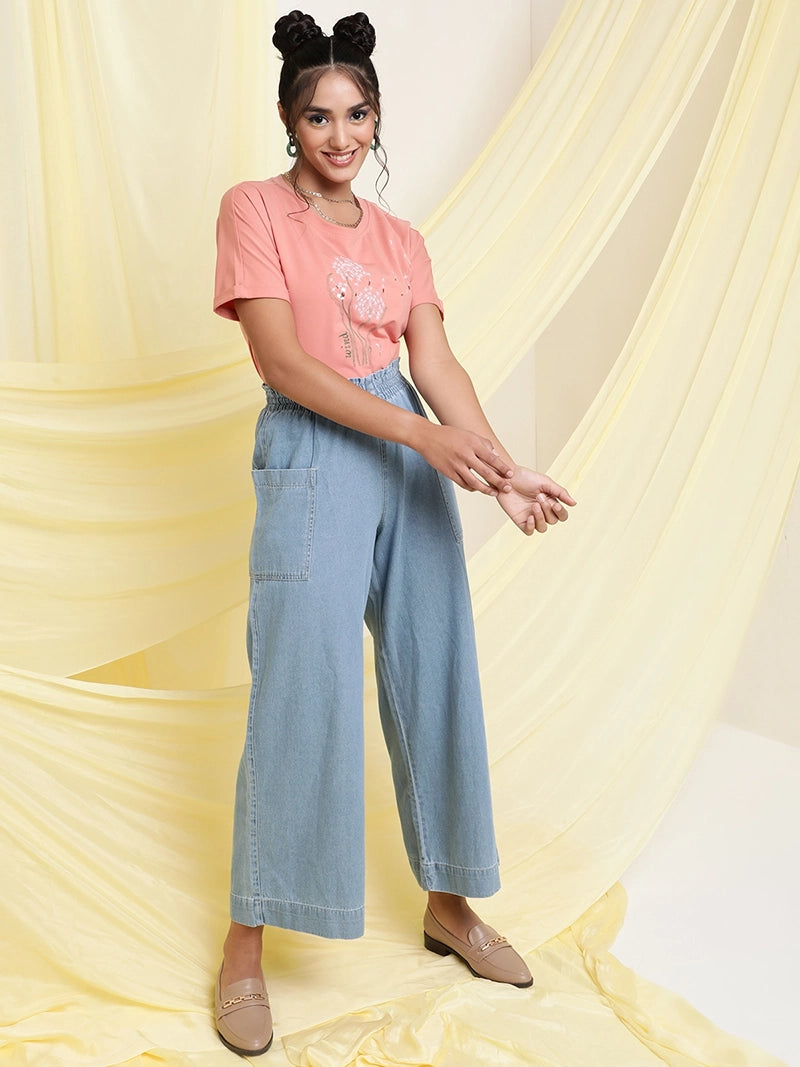 Blue Denim Flared Palazzo